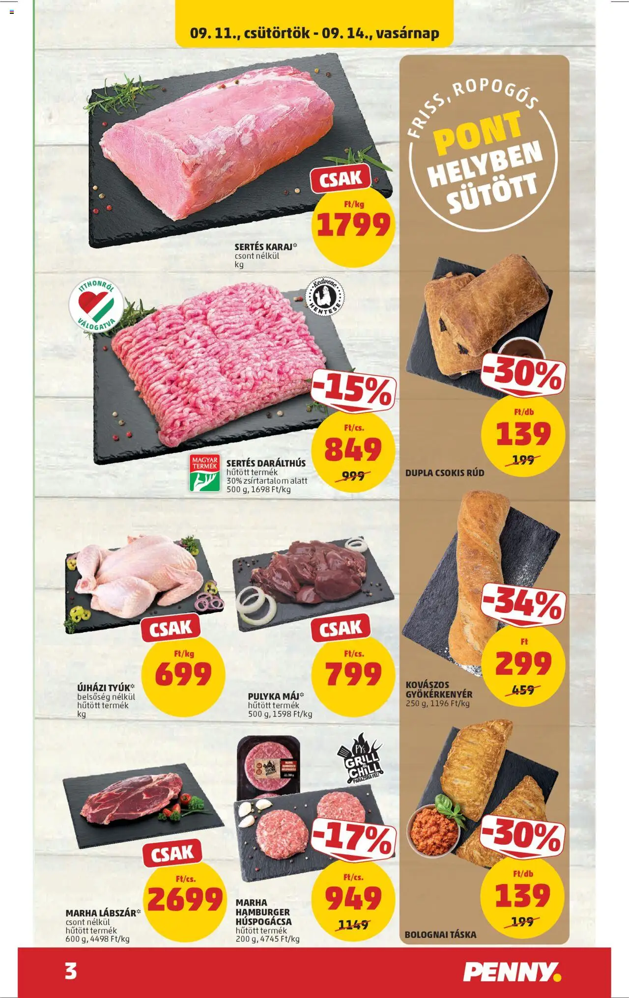PENNY akciós ujság - amely érvényes a következő dátumtól: 11.09.2025 | Oldal: 3 | Termékek: Hamburger, Táska, Grill, Karaj