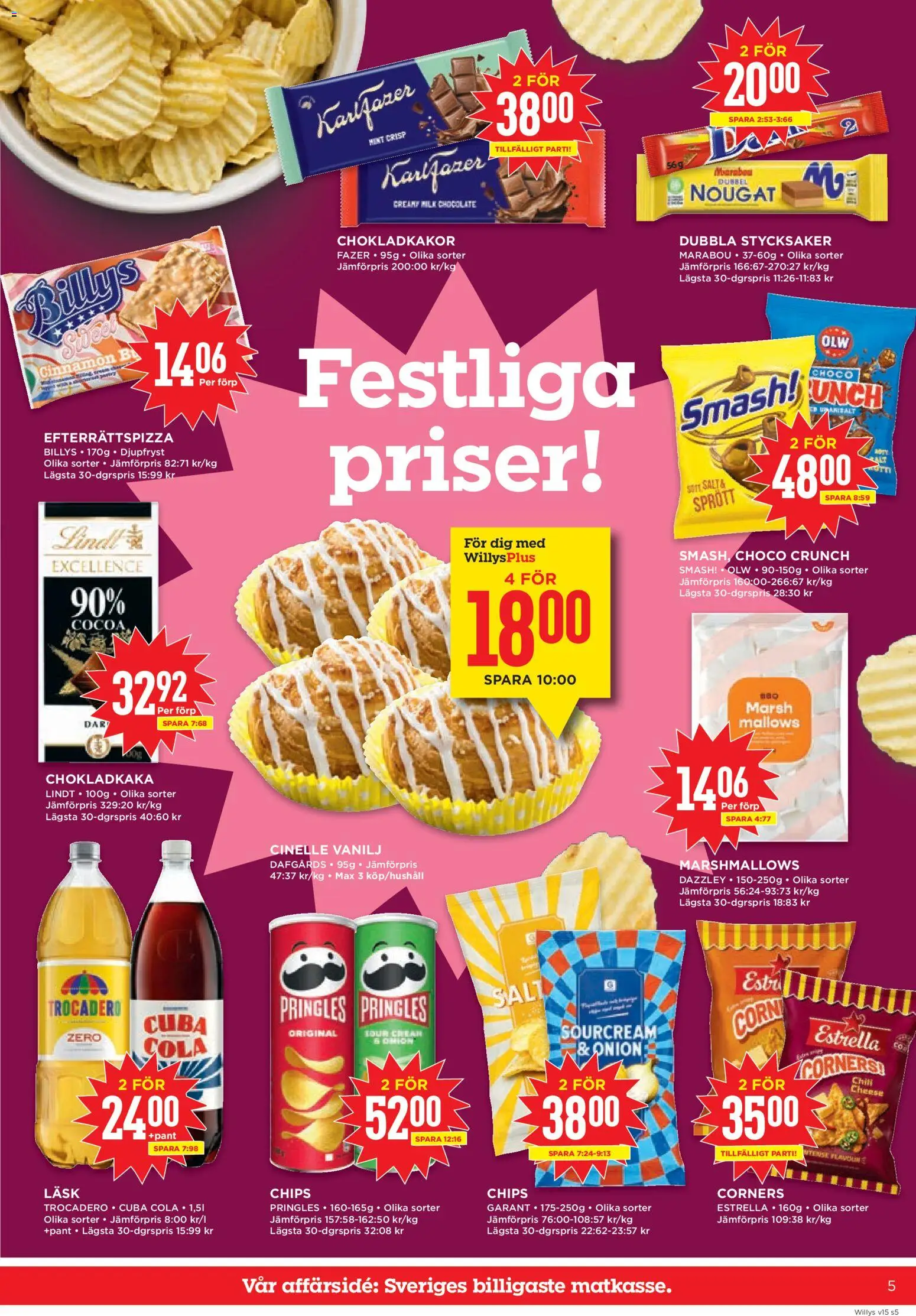 Willys reklamblad aktuell från 06.04.2026 | Sida: 5 | Produkter: Salt, Chokladkaka, Chips, Pizza