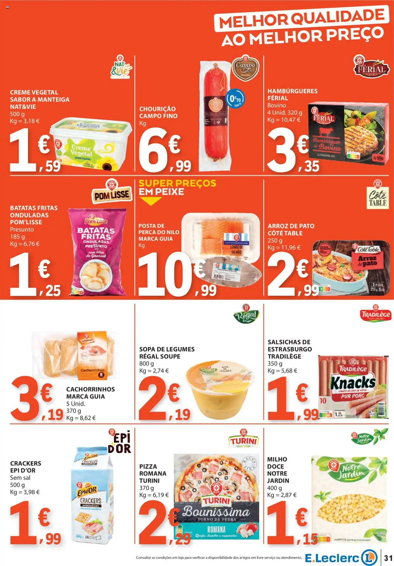 E.Leclerc folheto │ válido de 07.08.2025 | Página: 31 | Produtos: Salmão, Sopa, Batatas fritas, Milho
