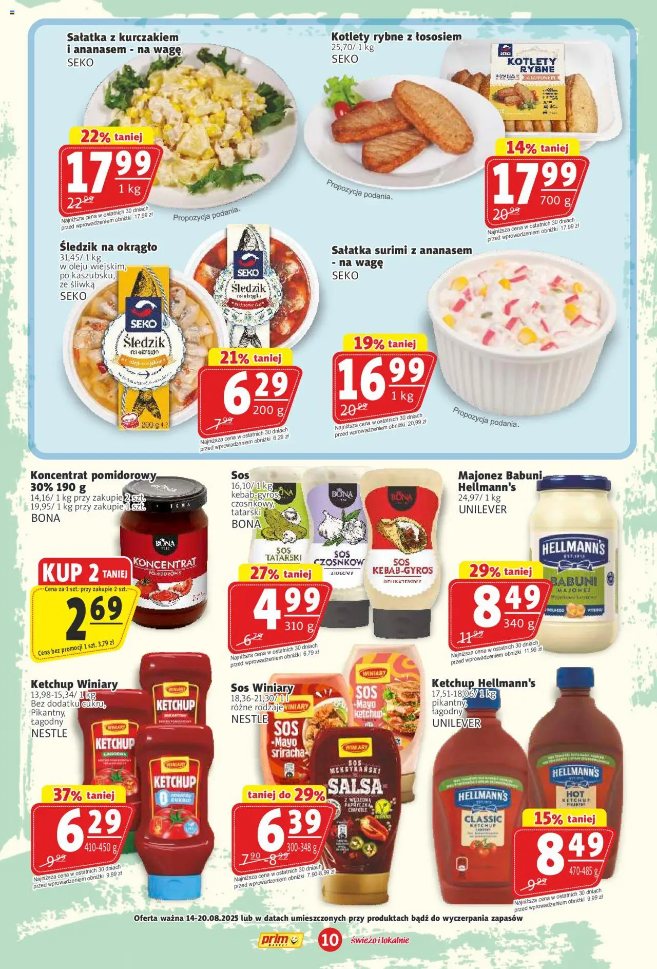 Prim Market Gazetka od 14.08.2025 | Strona: 10 | Produkty: Sałatka z kurczakiem, Ketchup, Surimi, Kotlety