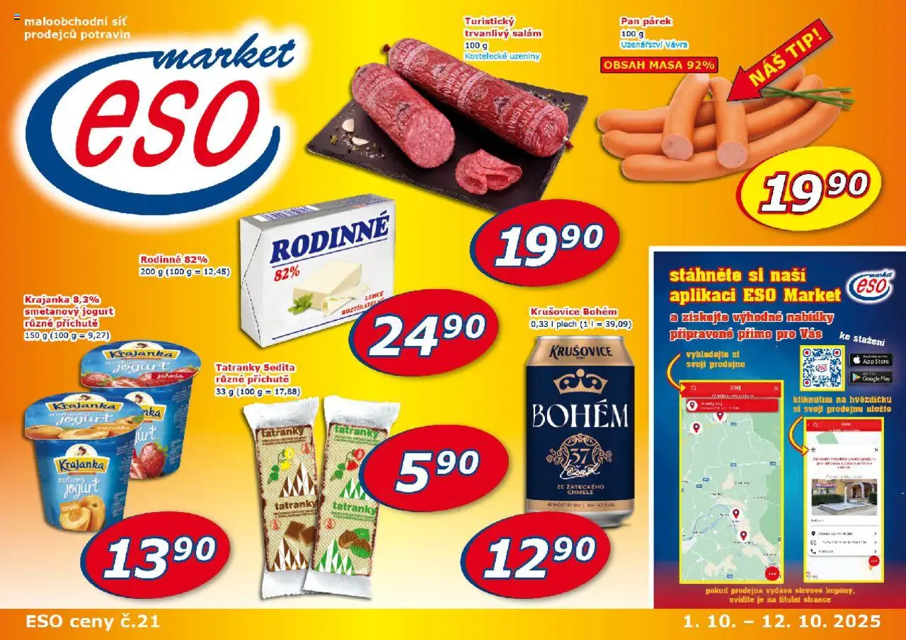 Eso market leták od 01.10.2025 | Strana: 1 | Produkty: Jogurt, Salám, Krušovice Bohém, Krušovice