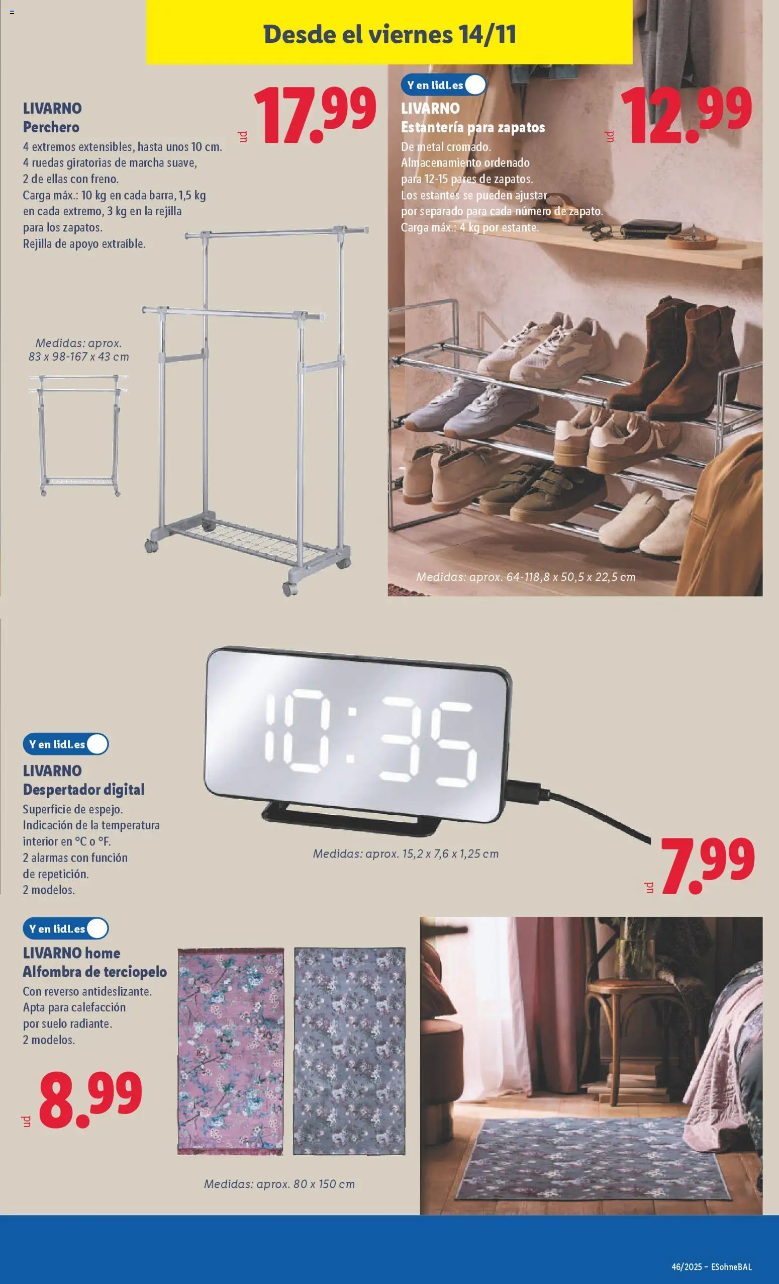 Lidl folleto de bazar │ válido desde el 10.11.2025 | Página: 29 | Productos: Perchero, Estantería para zapatos, Despertador, Alfombra
