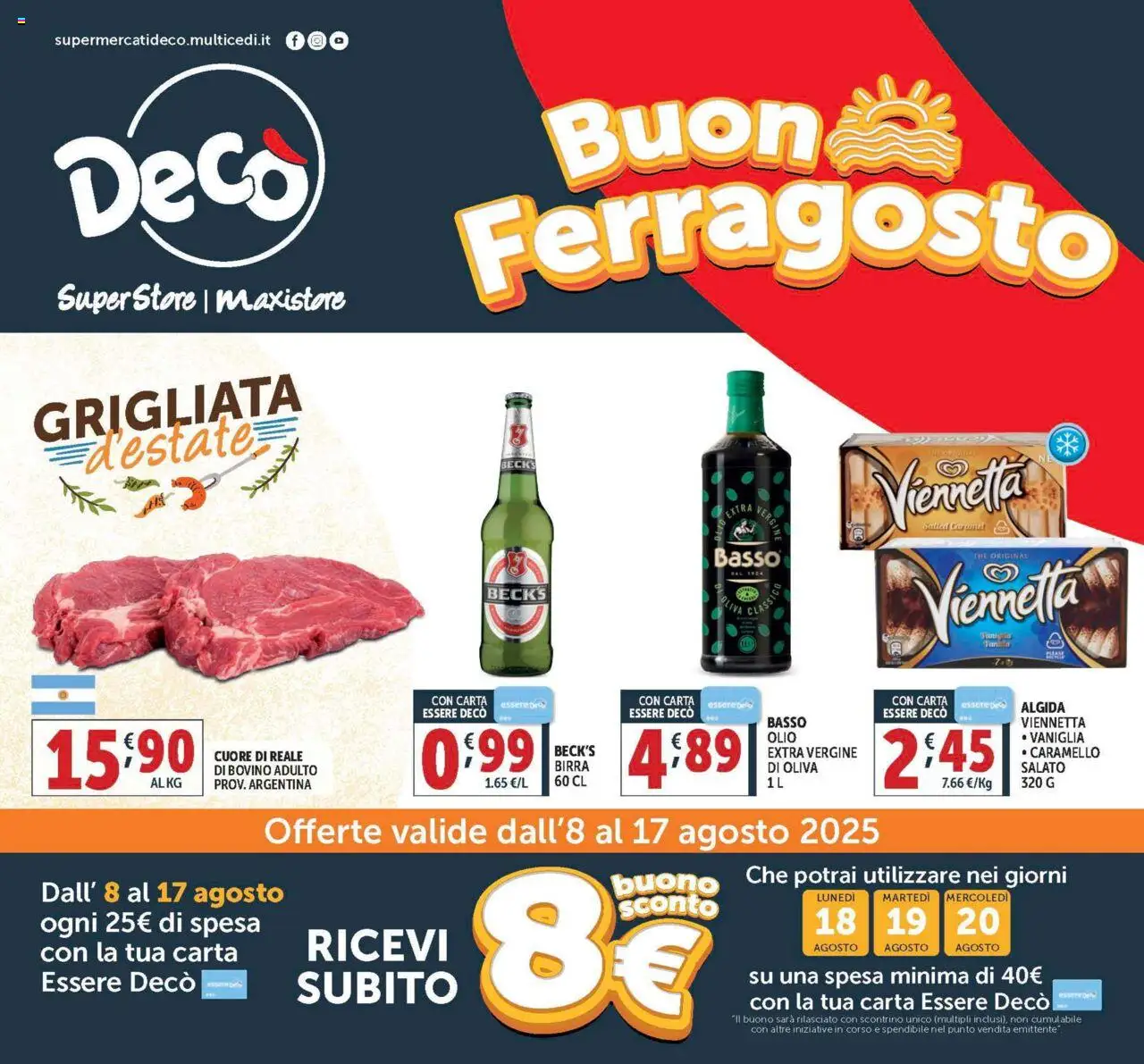 Volantino Decò del 08.08.2025 | Pagina: 1 | Prodotti: Bovino, Birra, The, Olio extra vergine