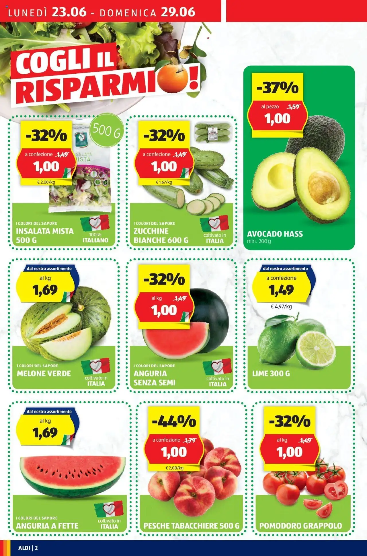 Volantino Aldi del 22.06.2025 | Pagina: 2 | Prodotti: Lime, Anguria, The, Zucchine