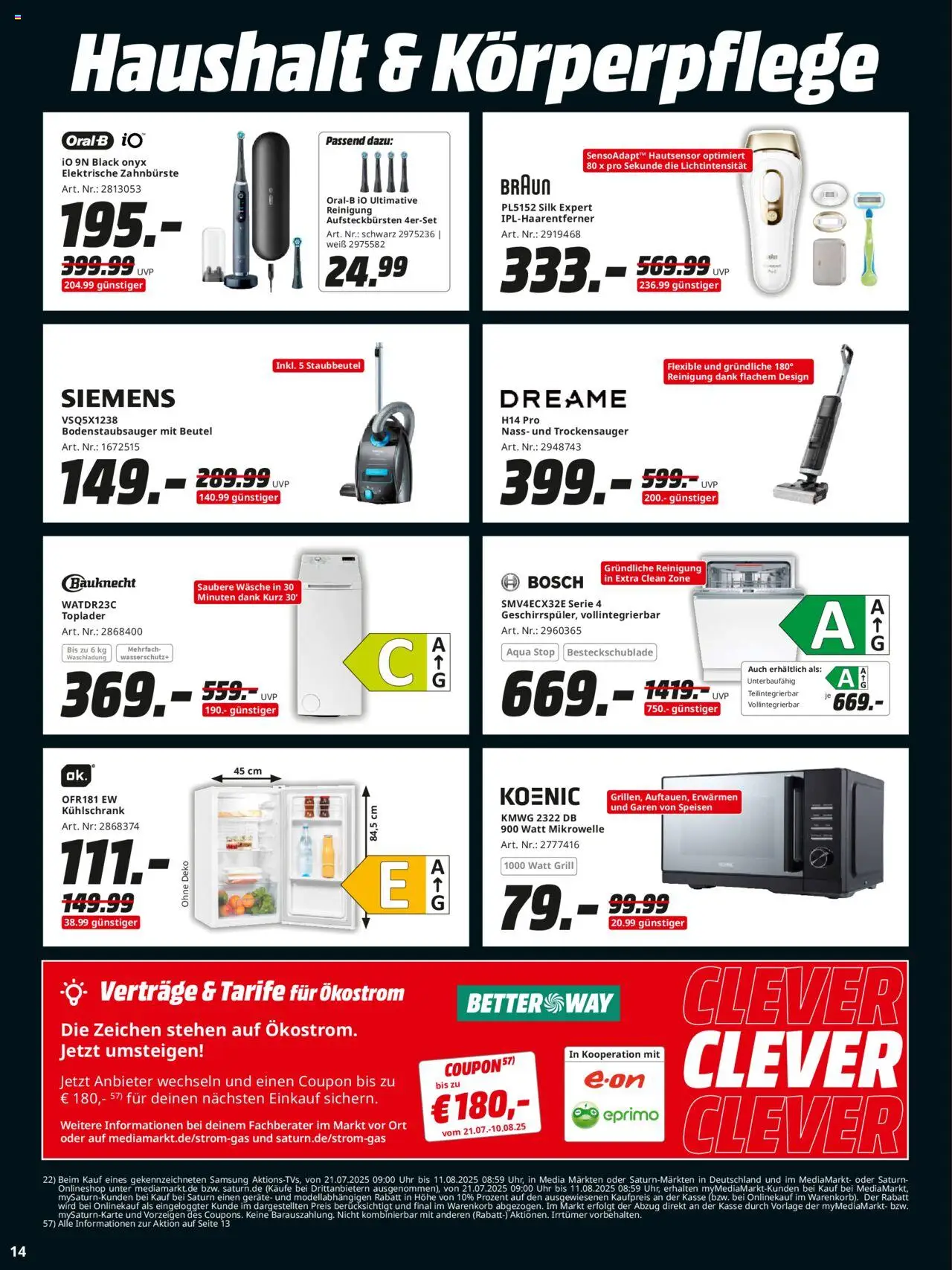 Media Markt Prospekt 	 - gültig ab dem 21.07.2025 | Seite: 14 | Produkte: Bosch, Elektrische zahnbürste, Kühlschrank, Samsung