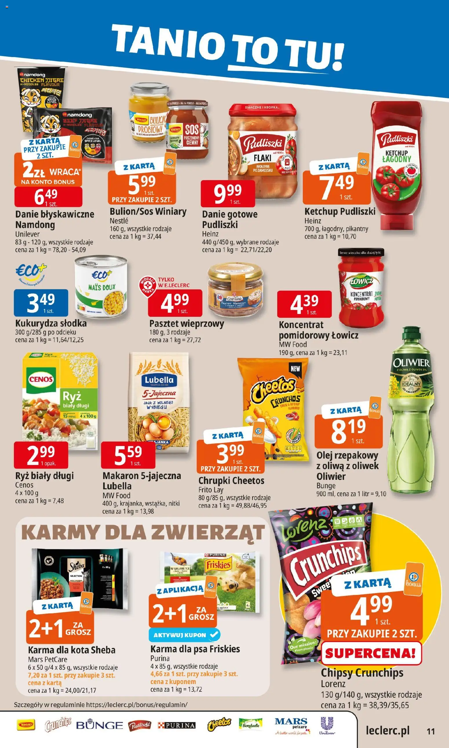 E.Leclerc Gazetka od 10.11.2025 | Strona: 11 | Produkty: Olej rzepakowy, Chrupki, Kukurydza słodka, Karma dla psa