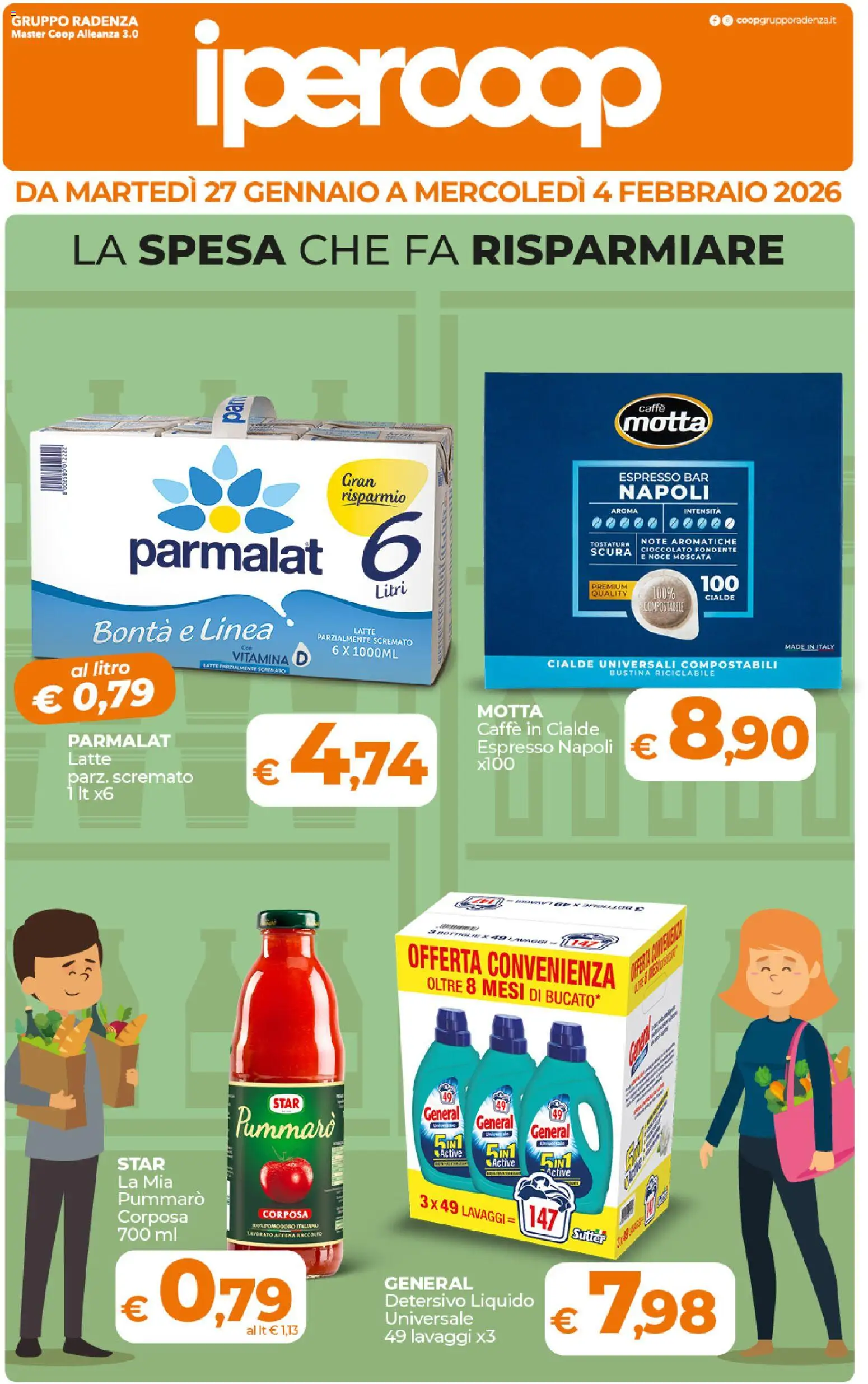 Volantino Ipercoop del 27.01.2026 | Pagina: 1 | Prodotti: Caffè, Cioccolato, Latte parzialmente scremato, Caffè in cialde