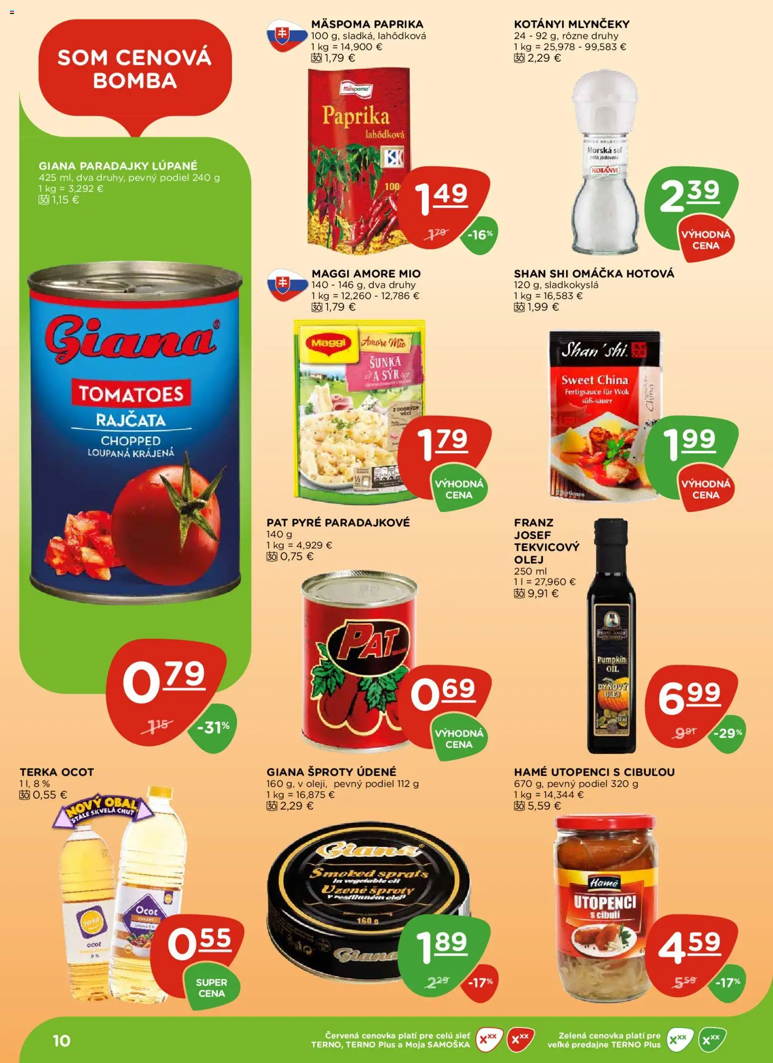 Nové Terno akcie – leták je platný od 06.11.2025 | Strana: 10 | Produkty: Paprika, Olej, Šunka, Paradajky