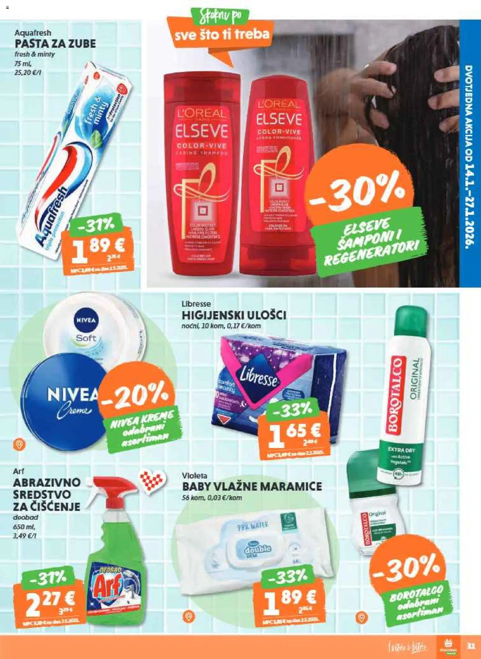 Studenac katalog | vrijedi od 21.01.2026 | Stranica: 31 | Proizvodi: Vlažne maramice, Pasta, Libresse, Borotalco