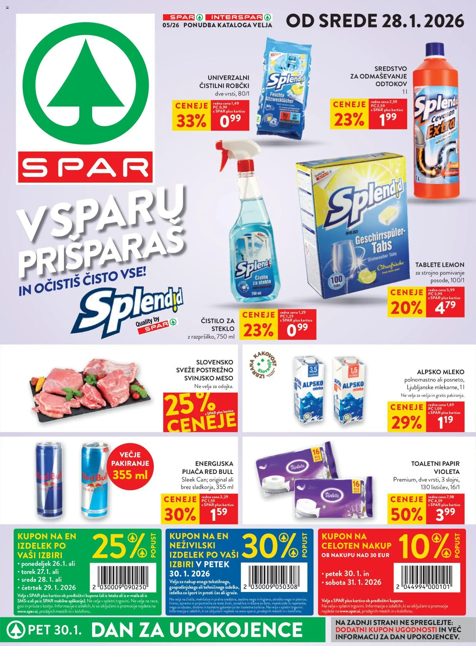 Novi Spar katalog ponudbe – veljaven od 28.01.2026 | Stran: 1 | Izdelki: Toaletni papir, Robčki, Mleko, Svinjsko meso