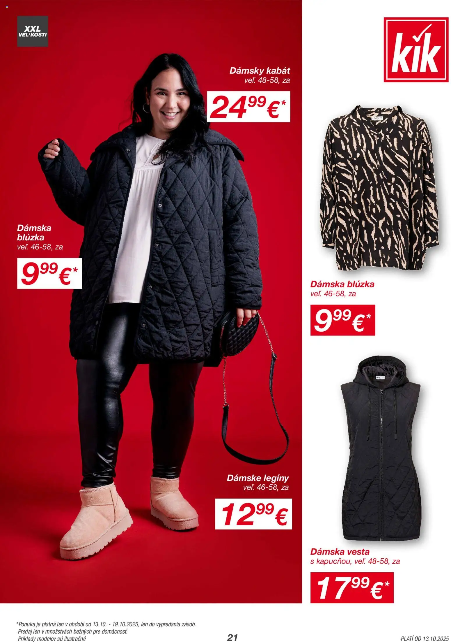 Nové Kik akcie – leták je platný od 13.10.2025 | Strana: 21 | Produkty: Blúzka, Vesta, Kabát, Legíny