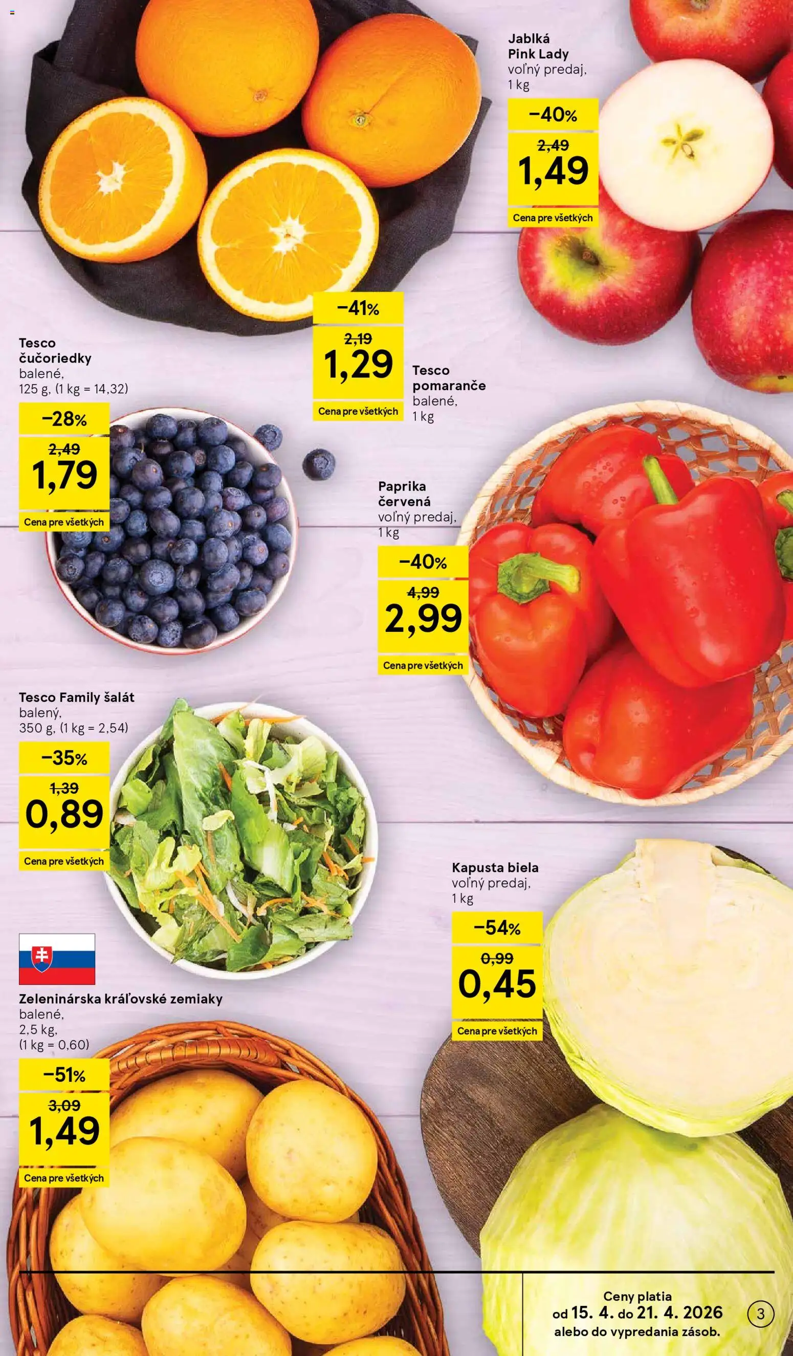 Nové Tesco akcie – leták je platný od 15.04.2026 | Strana: 3 | Produkty: Paprika, Kapusta biela, Čučoriedky, Zemiaky