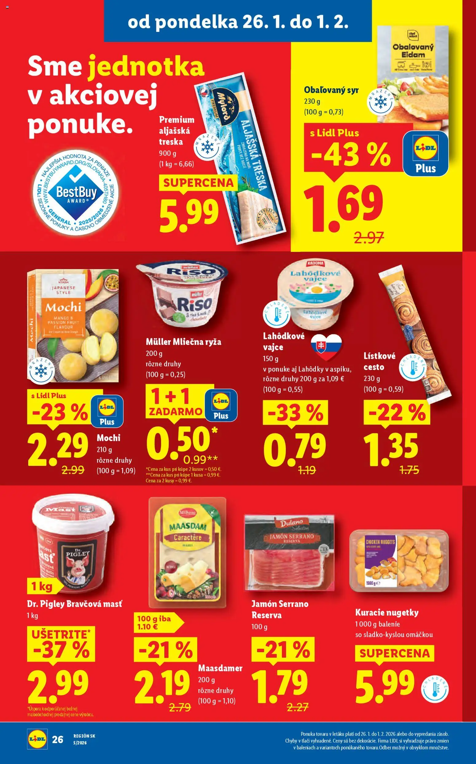 Nové Lidl akcie – leták je platný od 26.01.2026 | Strana: 32 | Produkty: Syr, Ryža, Mango, Treska
