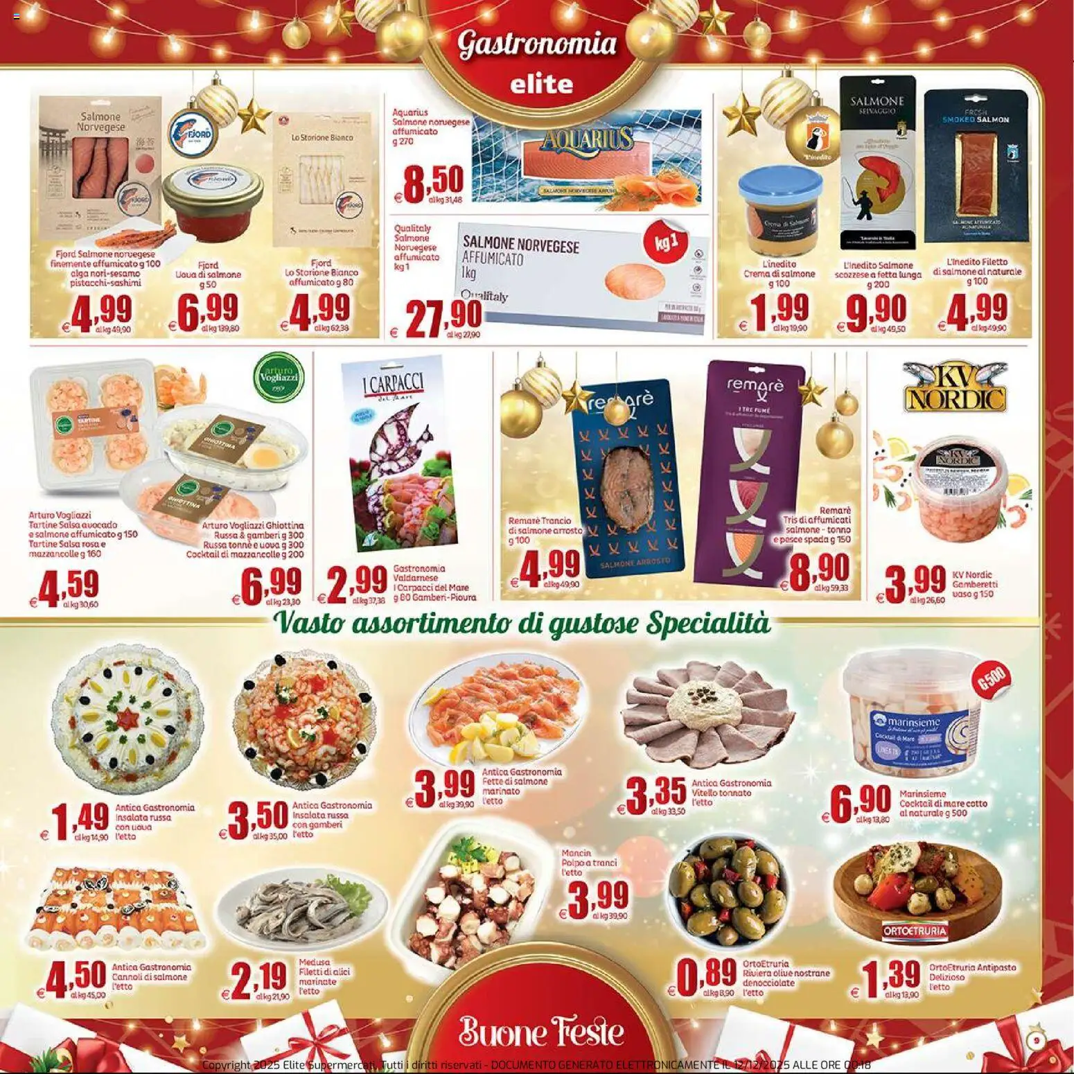 Volantino Elite Supermercati del 12.12.2025 | Pagina: 9 | Prodotti: Salmone affumicato, Pesce spada, Insalata russa, Alici