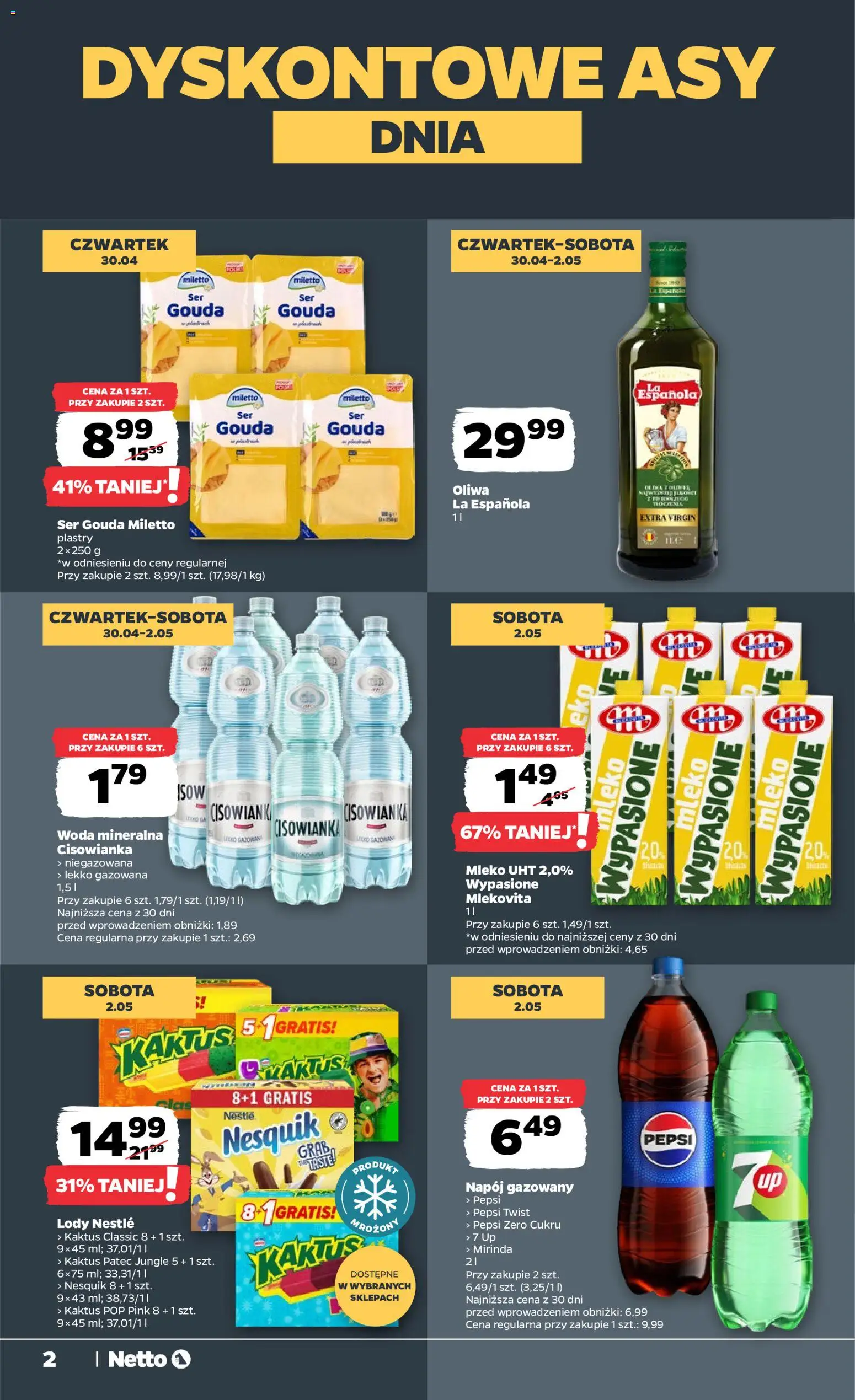 Netto gazetka od środy spożywcza od 29.04.2026 | Strona: 2 | Produkty: Pepsi, Mleko, Woda, Ser gouda