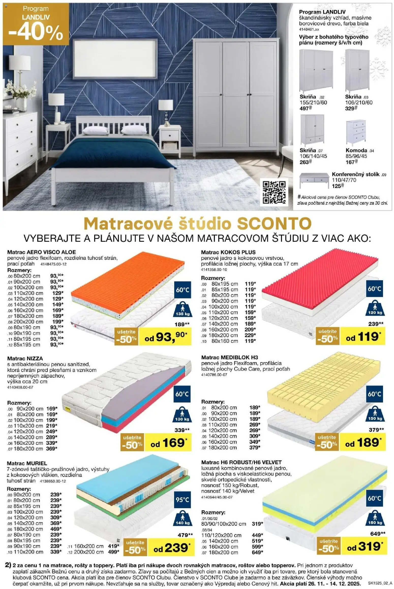 Nové Sconto nábytok akcie – leták je platný od 26.11.2025 | Strana: 2 | Produkty: Matrac, Skriňa, Komoda, Konferenčný stolík