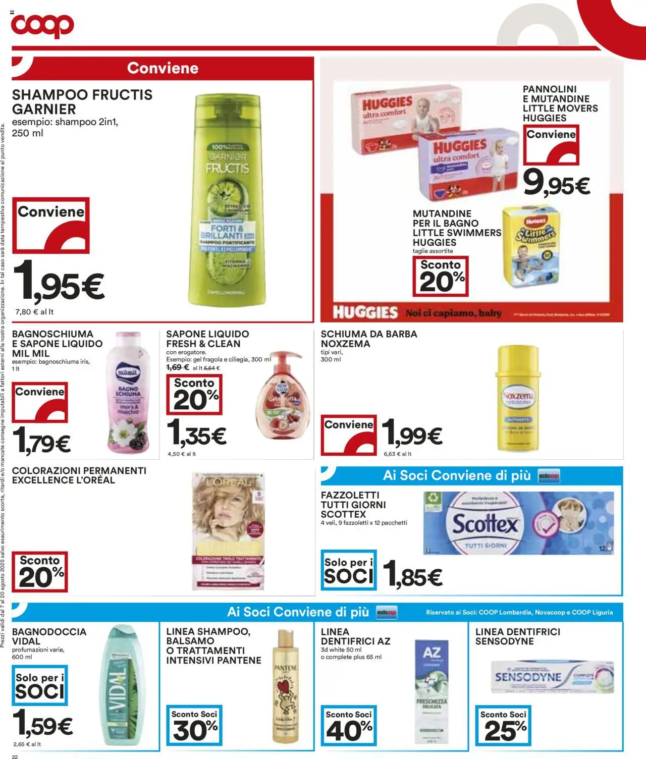 Volantino COOP del 07.08.2025 | Pagina: 22 | Prodotti: Shampoo, Pannolini, Sapone, Mutandine