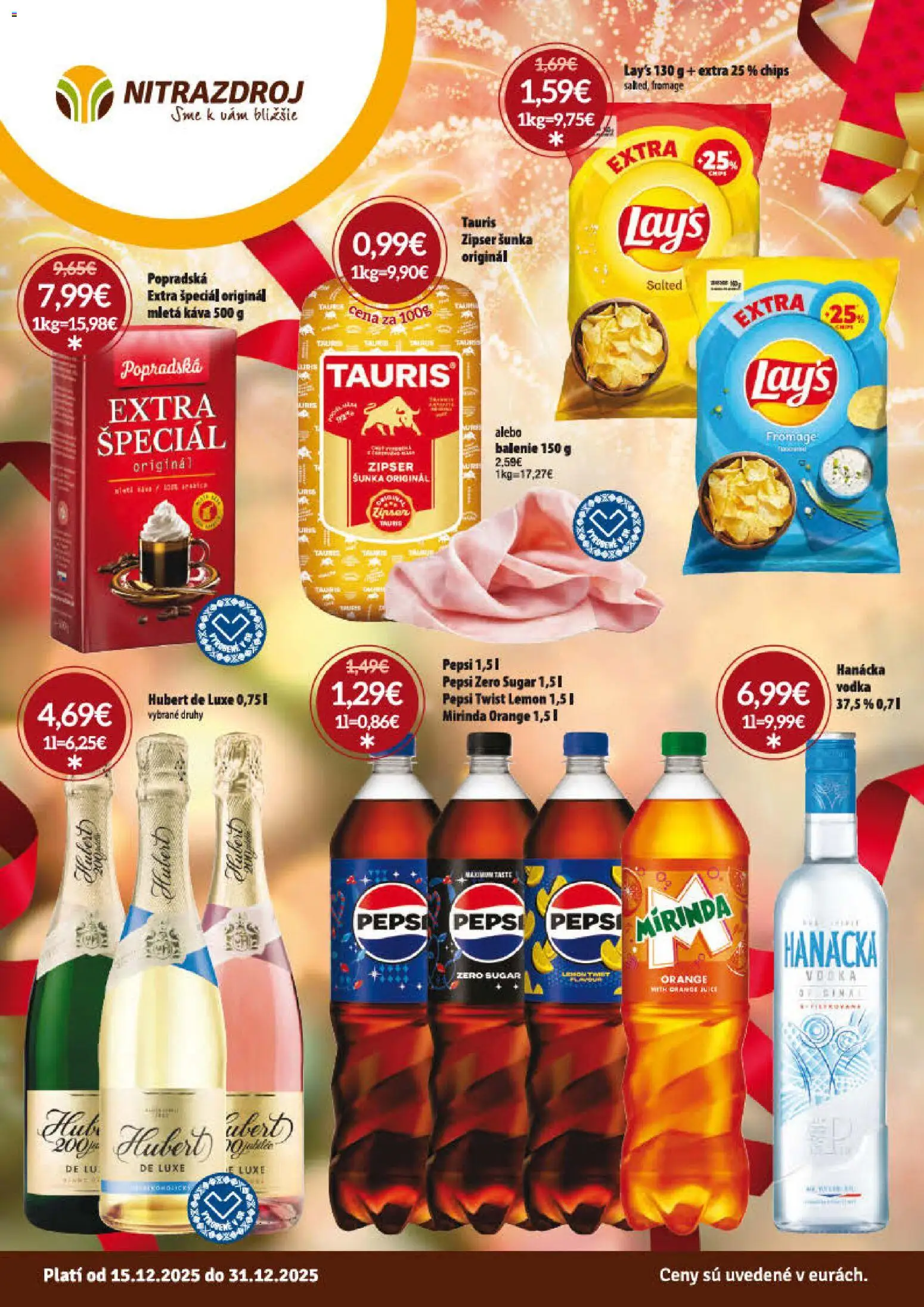 Nové Nitrazdroj akcie – leták je platný od 15.12.2025 | Strana: 1 | Produkty: Šunka, Vodka, Pepsi, Mirinda