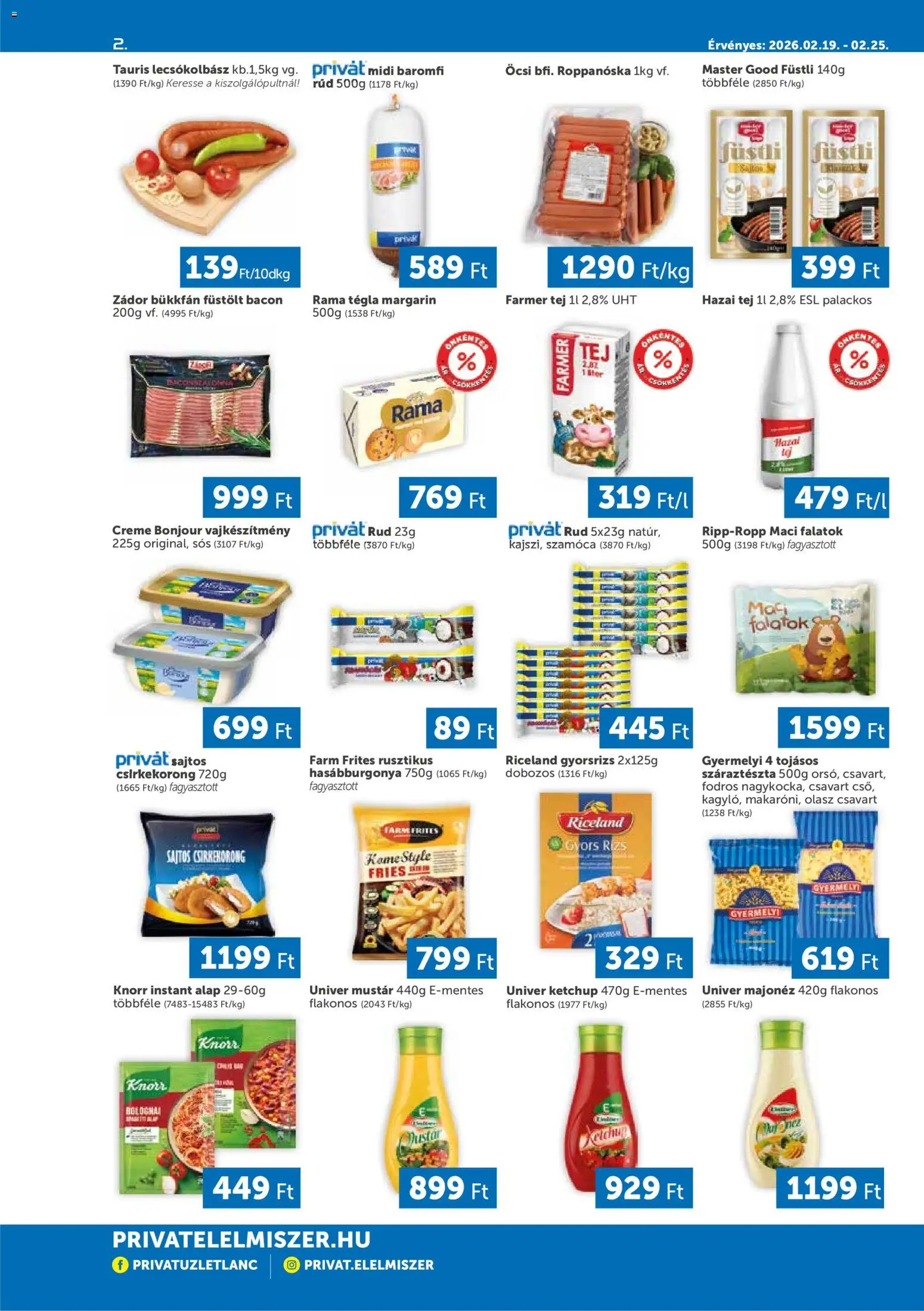 PRIVÁT akciós ujság - amely érvényes a következő dátumtól: 19.02.2026 | Oldal: 2 | Termékek: Gyors rizs, Tej, Száraztészta, Majonéz