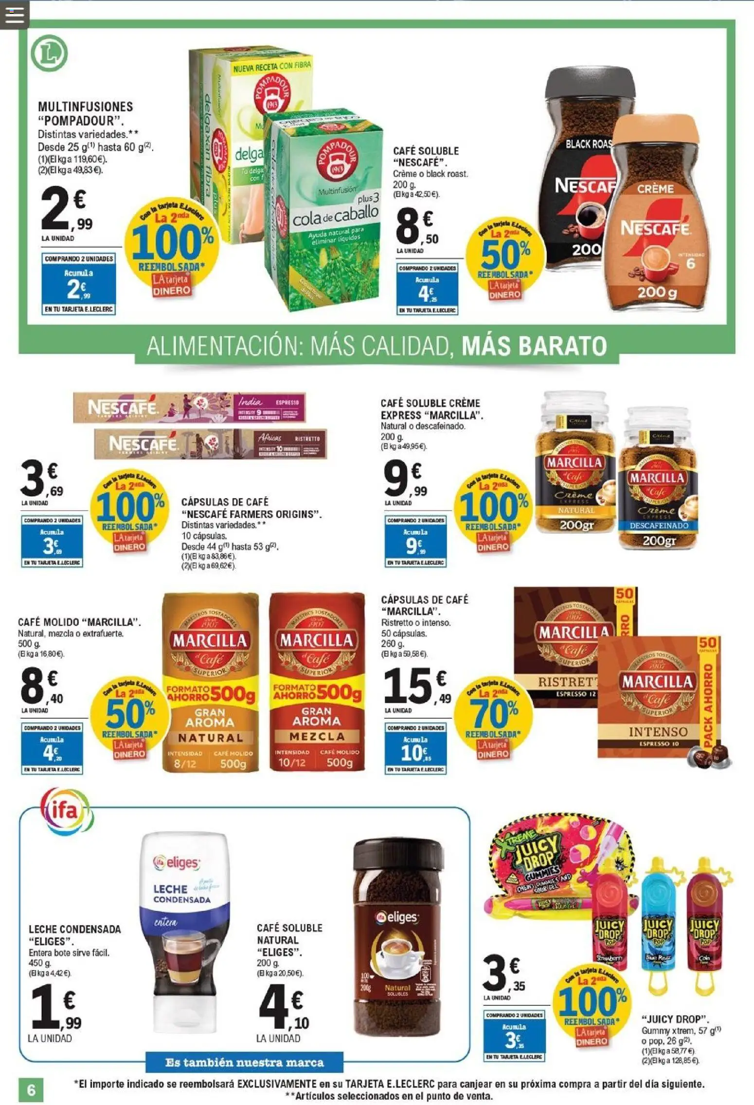 E.Leclerc folleto │ válido desde el 22.04.2026 | Página: 6 | Productos: Leche, Café molido, Φαρίνα, Μηχανή καφέ