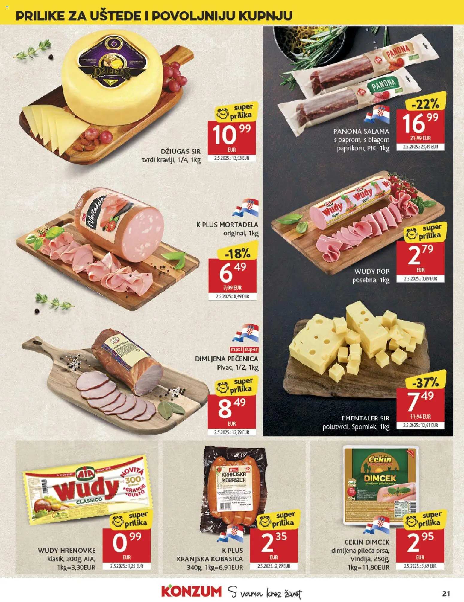 Konzum katalog | vrijedi od 12.11.2025 | Stranica: 21 | Proizvodi: Sir, Mortadela, Kranjska kobasica, Kobasica
