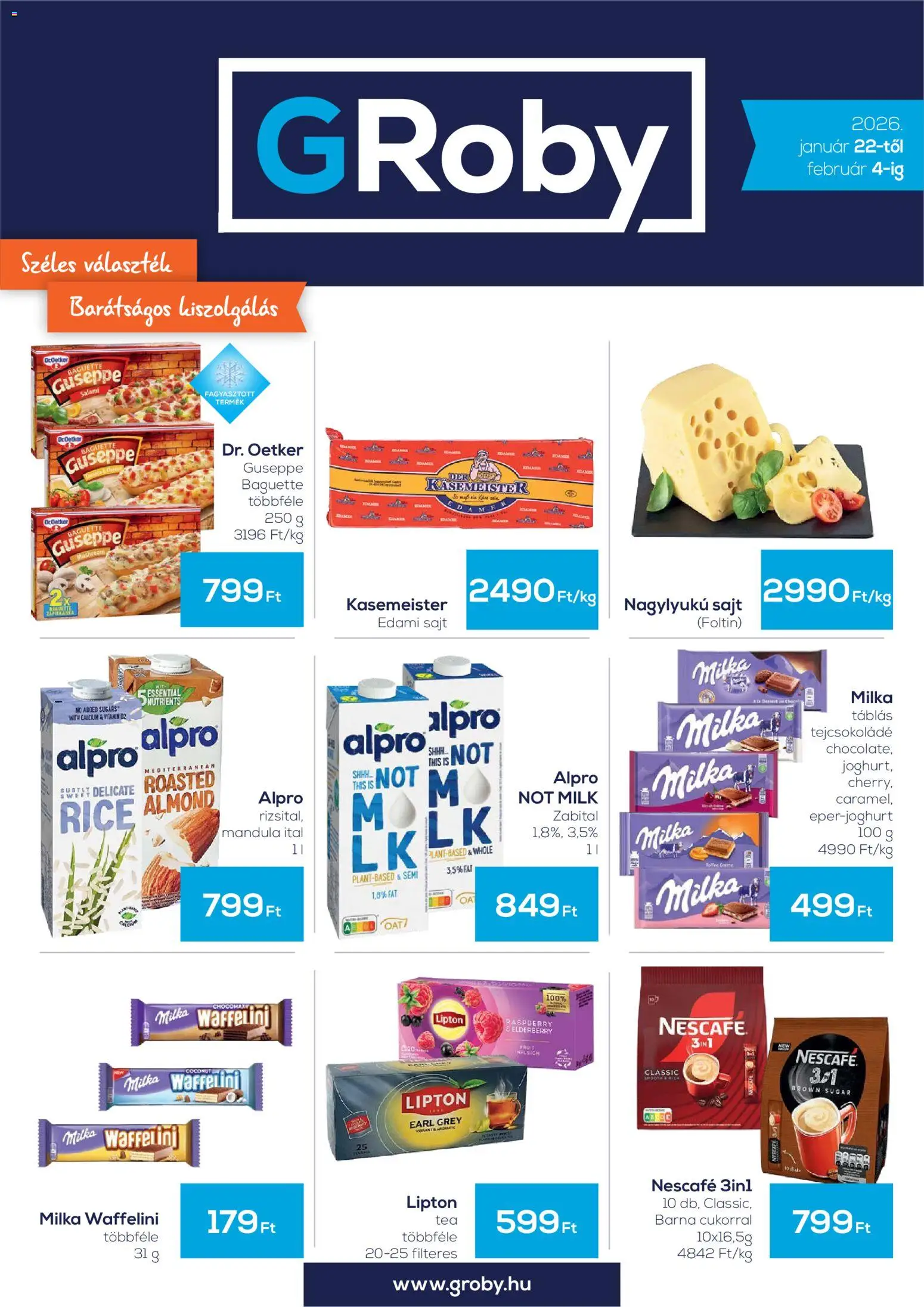 G'Roby akciós ujság - amely érvényes a következő dátumtól: 22.01.2026 | Oldal: 1 | Termékek: Waffelini, Alpro, Mandula, Sajt