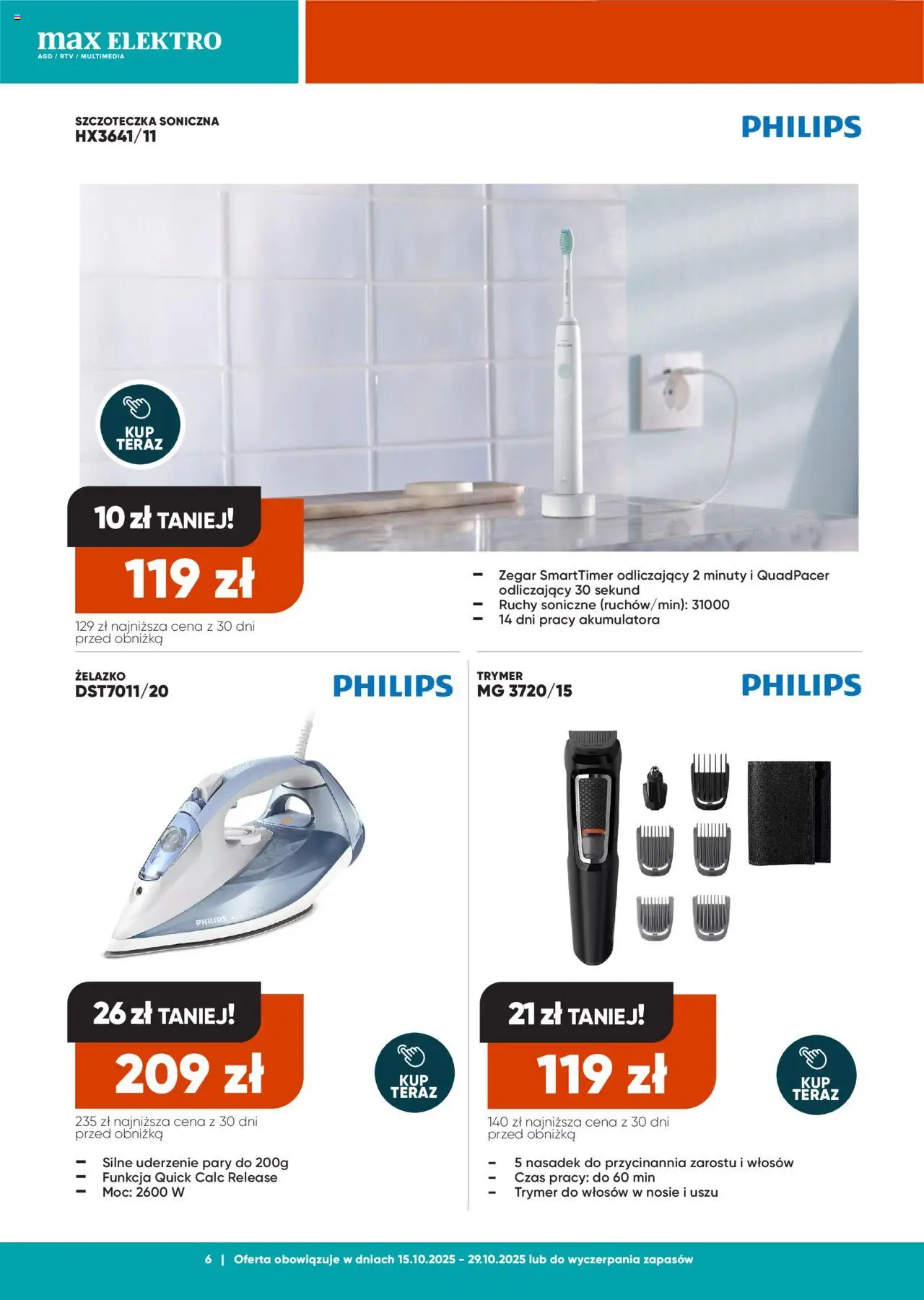 Max elektro Gazetka od 15.10.2025 | Strona: 6 | Produkty: Szczoteczka soniczna, Zegar