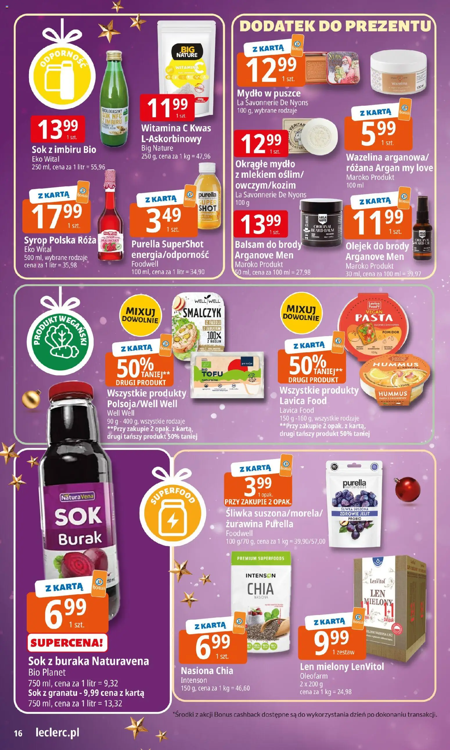 E.Leclerc Gazetka od 15.12.2025 | Strona: 16 | Produkty: Syrop, Nasiona, Hummus, Sok