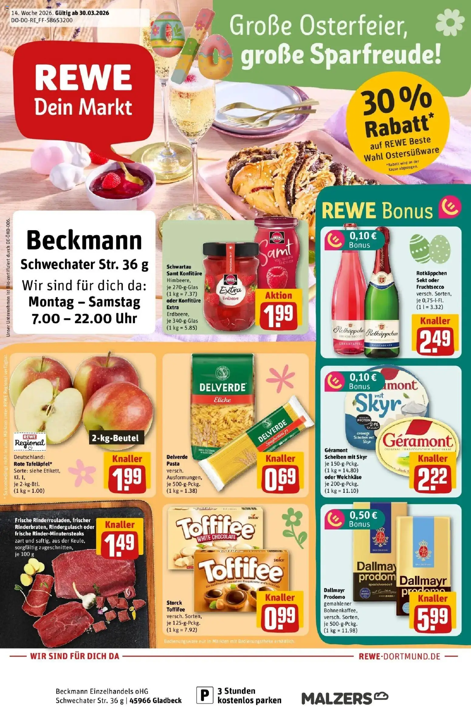 Rewe Prospekt Gladbeck	 – gültig ab 30.03.2026 | Seite: 1 | Produkte: Rindergulasch, Schokolade, Fruchtsecco, Dallmayr prodomo