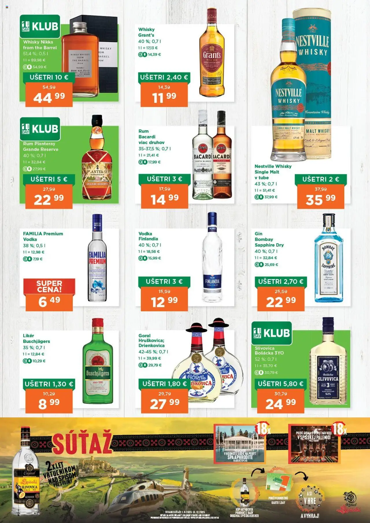 Nové 1day akcie – leták je platný od 25.09.2025 | Strana: 2 | Produkty: Slivovica, Gin, Whisky, Rum