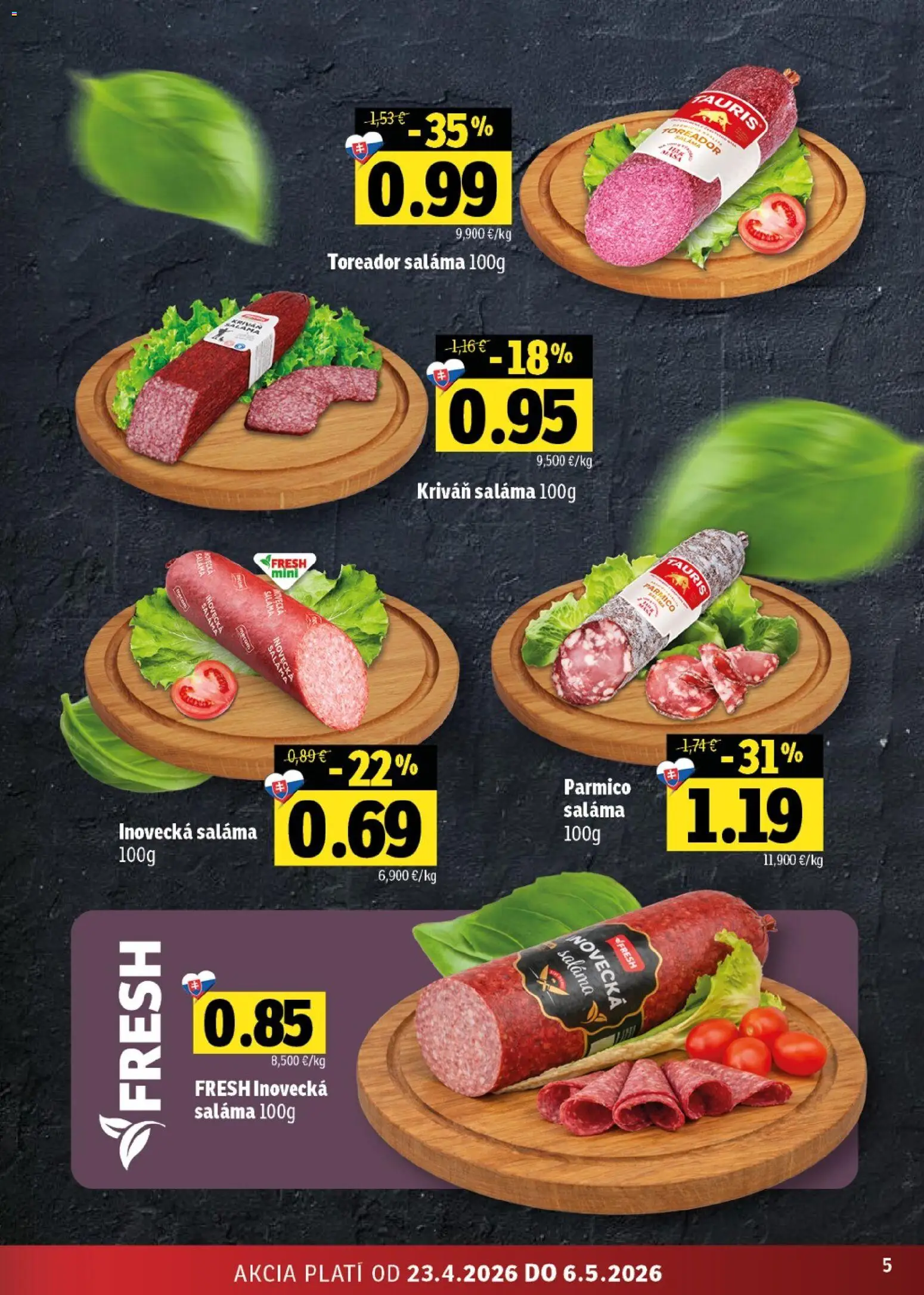 Nové Fresh akcie – leták je platný od 23.04.2026 | Strana: 5 | Produkty: Saláma