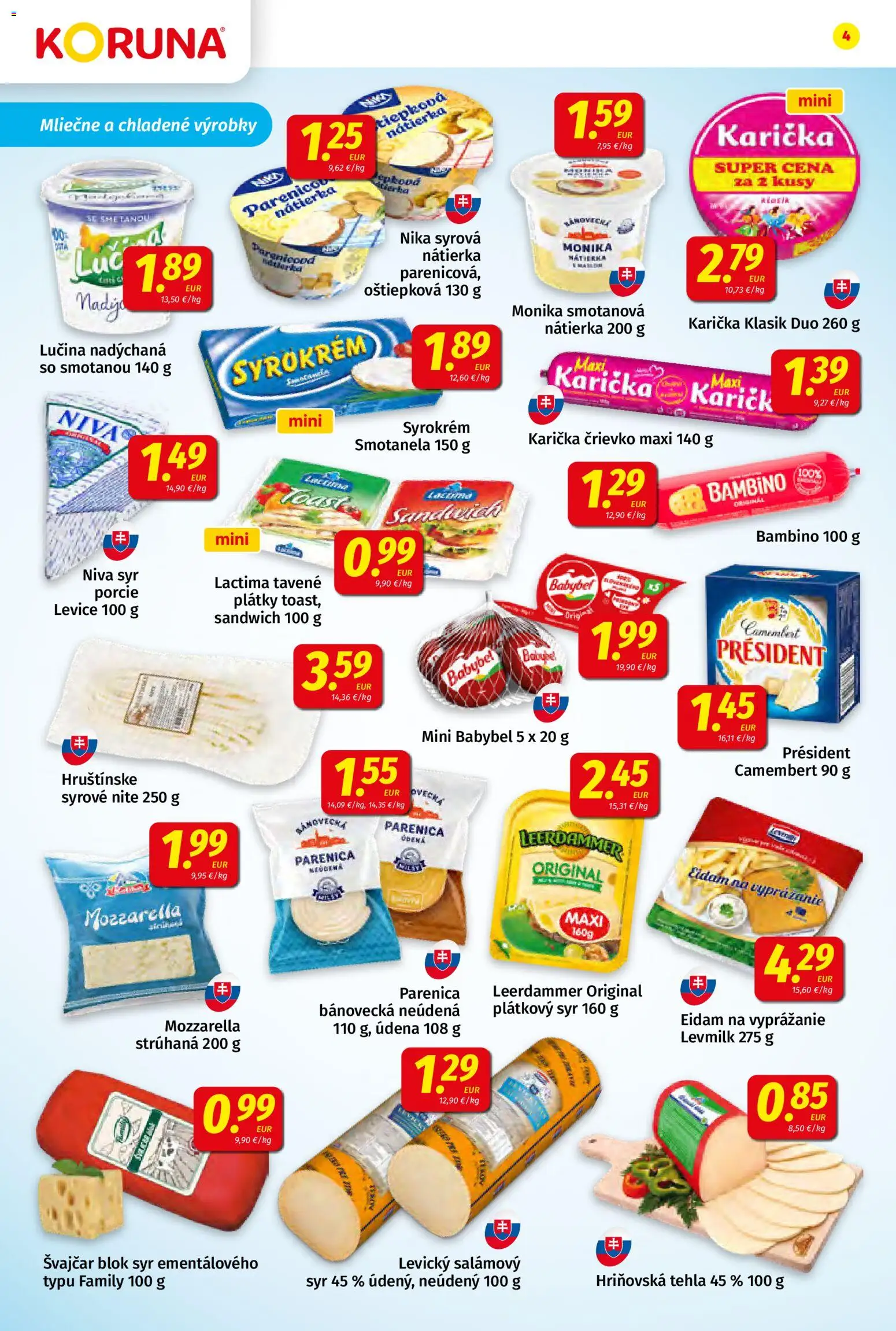 Nové Koruna akcie – leták je platný od 20.03.2026 | Strana: 4 | Produkty: Syr, Eidam, Mozzarella