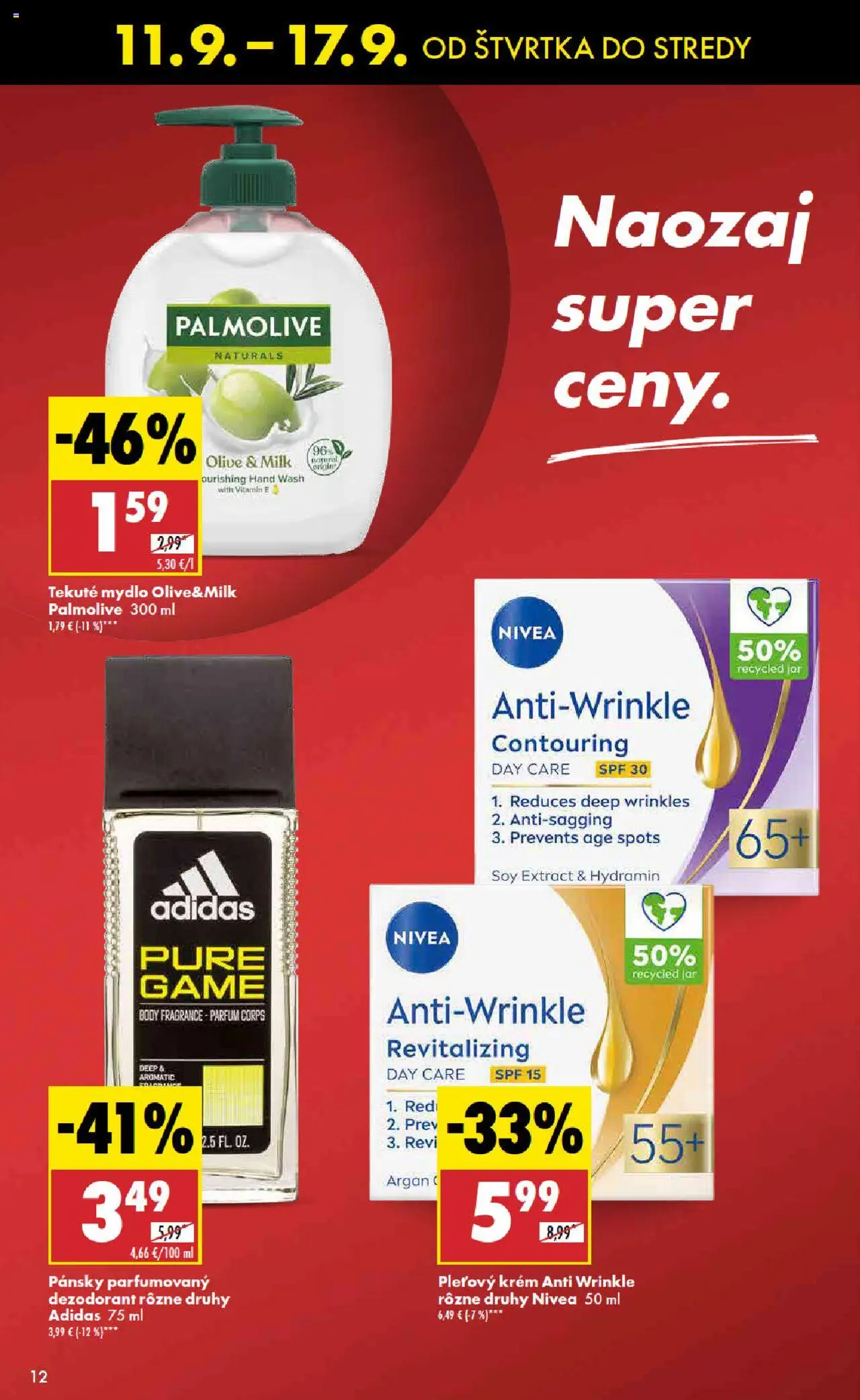 Nové Biedronka akcie – leták je platný od 11.09.2025 | Strana: 12 | Produkty: Mydlo, Dezodorant, Krém, Adidas