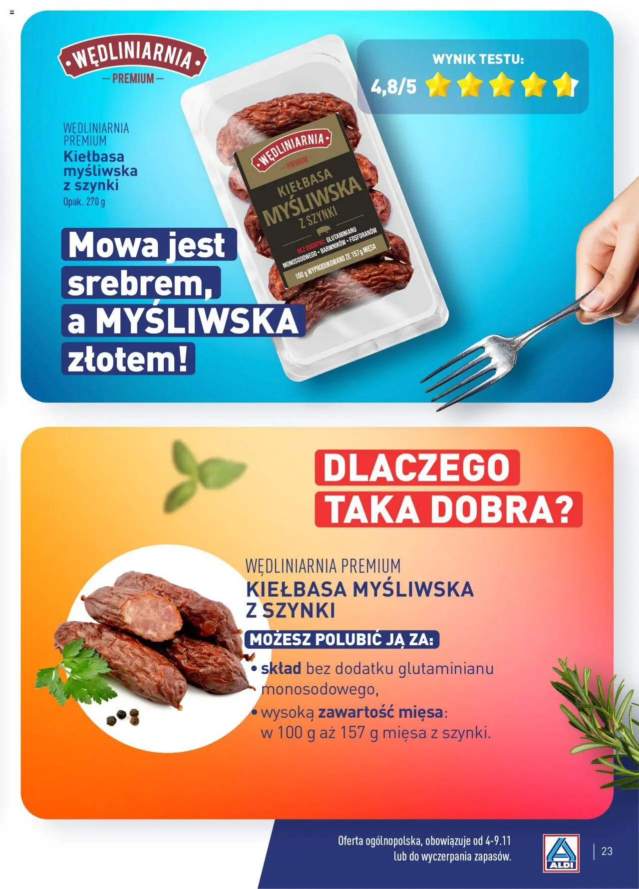 Aldi Gazetka - Wielki test od 04.11.2024 | Strona: 23 | Produkty: Kiełbasa, Myśliwska