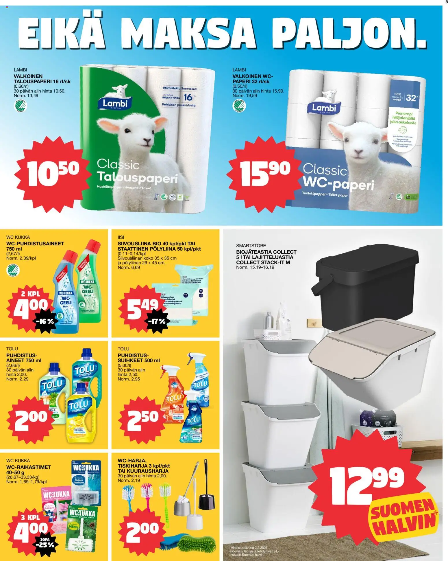 Tokmanni tarjoukset – voimassa 16.02.2026 alkaen | Sivu: 5 | Tuotteet: Wc-paperi, WC, Paperi, Tiskiharja