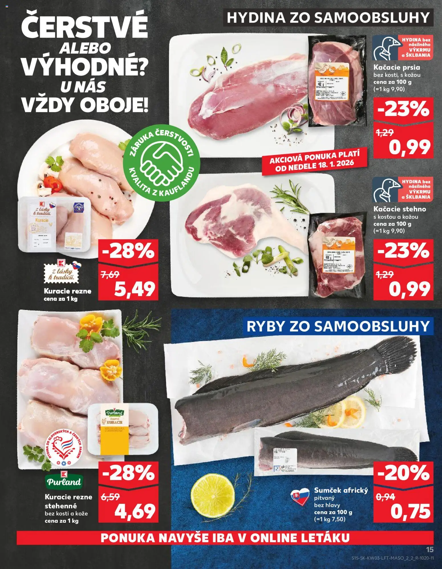 Nové Kaufland akcie – leták je platný od 15.01.2026 | Strana: 15 | Produkty: Kačacie prsia, Ryby, Kuracie rezne