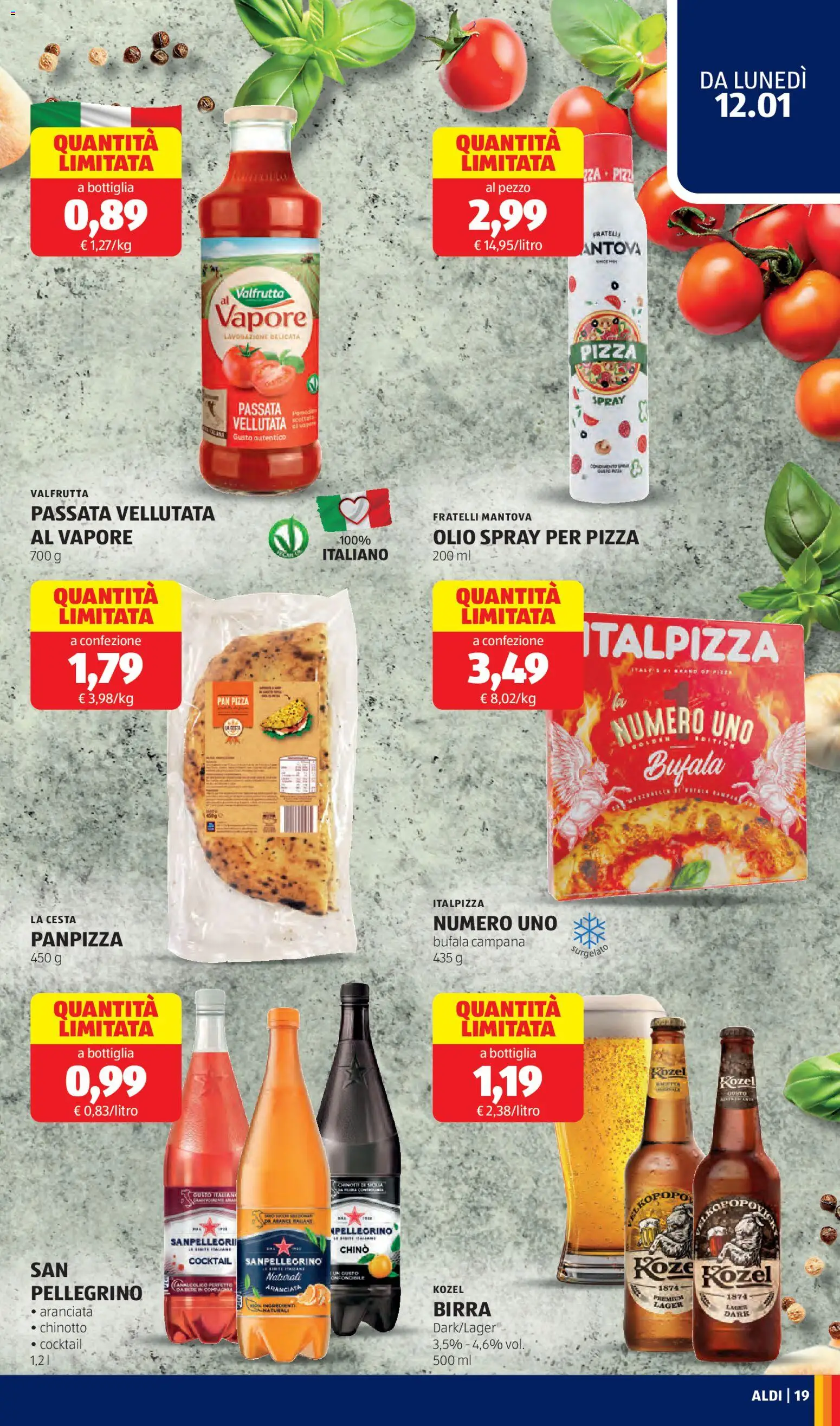 Volantino Aldi del 12.01.2026 | Pagina: 19 | Prodotti: Pizza, Birra, Chinotto, Bottiglia