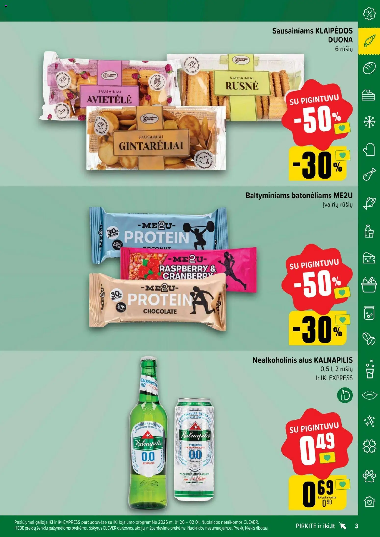 IKI akcijos nuo 26.01.2026 | Puslapis: 3 | Prekių: Sausainiai, Nealkoholinis alus, Duona, Alus
