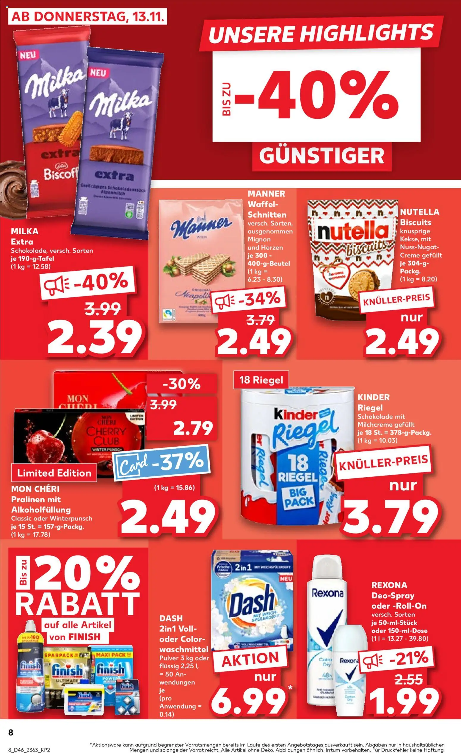 Kaufland prospekt Bremen	 – gültig ab 13.11.2025 | Seite: 8 | Produkte: Schokolade, Finish, Kinder riegel, Deodorant