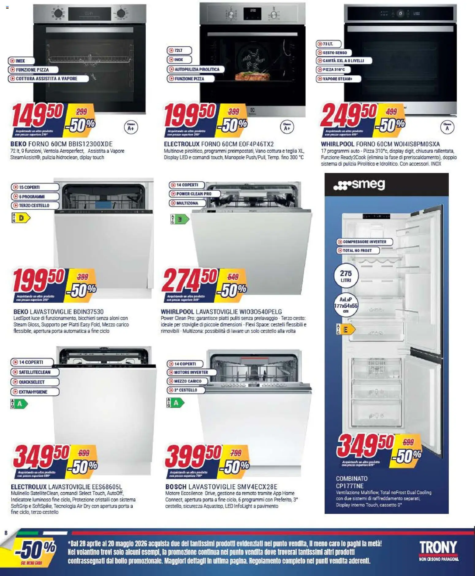 Volantino Trony del 28.04.2026 | Pagina: 8 | Prodotti: Pavimento, Compressore, Lavastoviglie, Forno