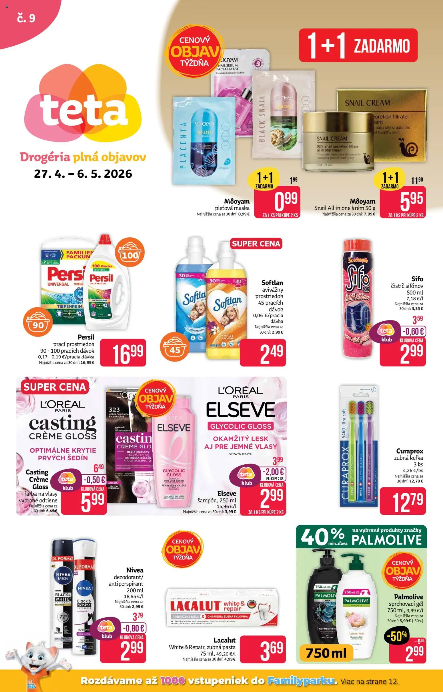 Nové Teta drogerie akcie – leták je platný od 27.04.2026 | Strana: 1 | Produkty: Zubná kefka, Persil, Šampón, Zubná pasta