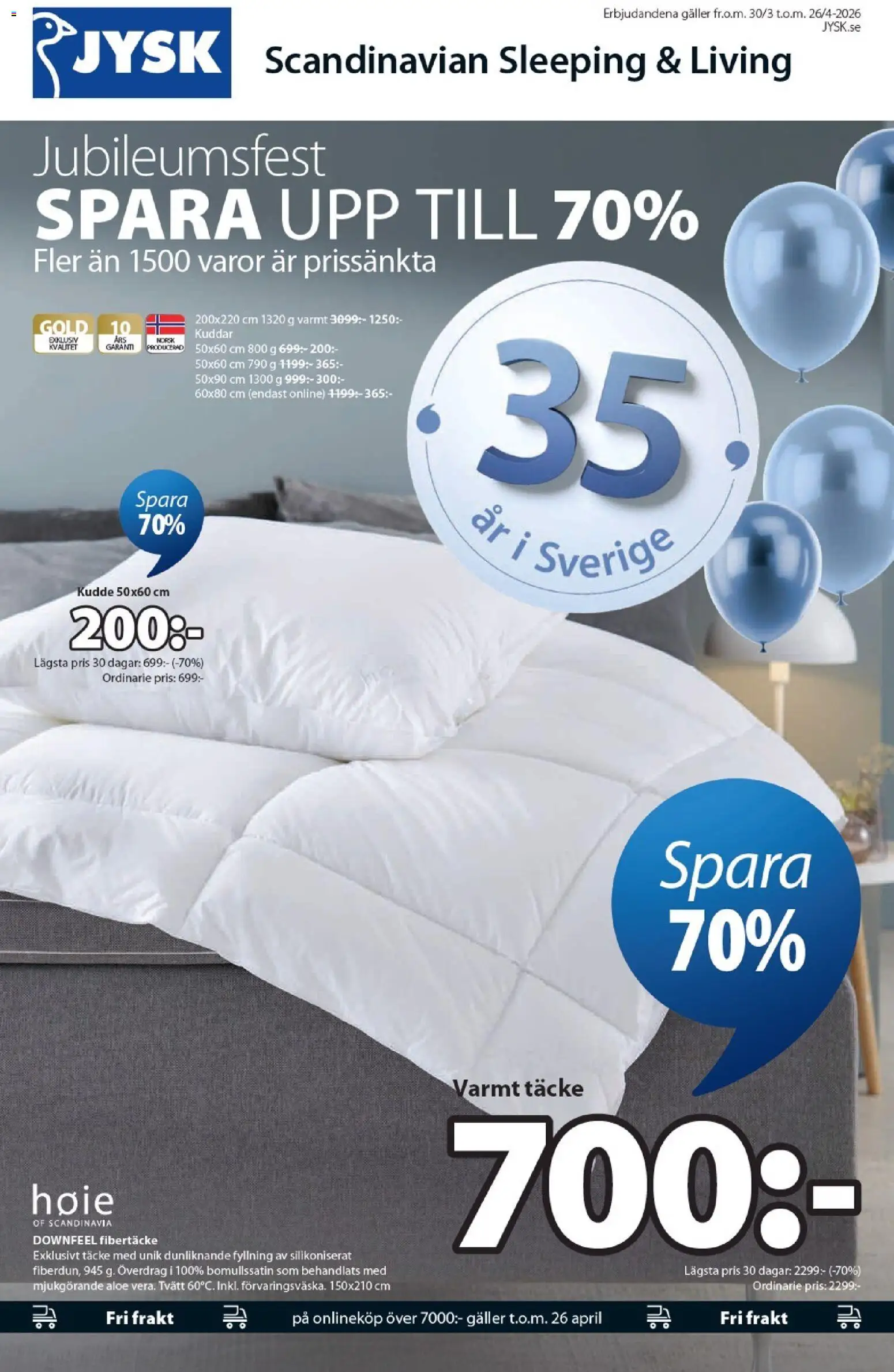 JYSK reklamblad aktuell från 30.03.2026 | Sida: 1 | Produkter: Täcke, Kudde, Galler