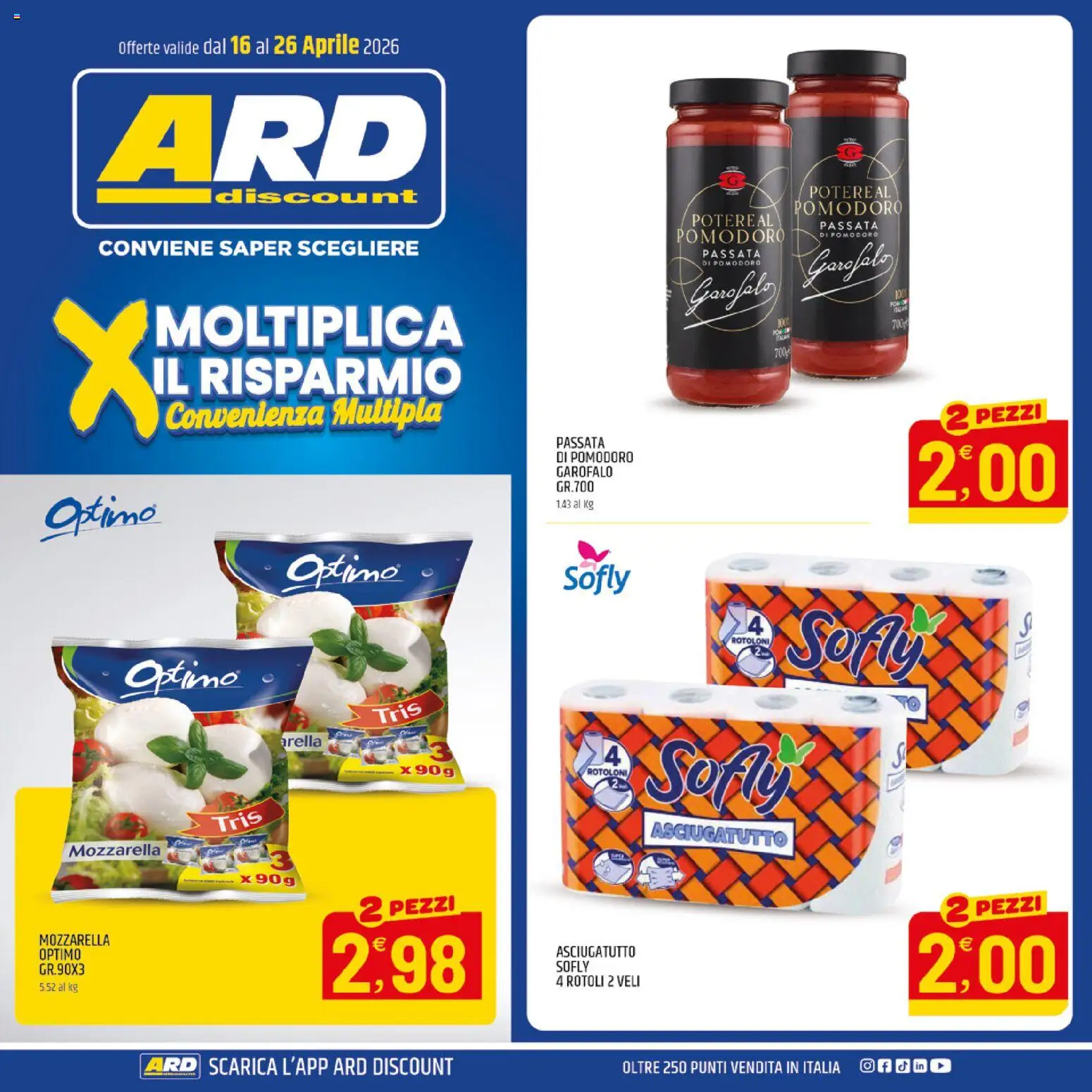 Volantino ARD Discount del 16.04.2026 | Pagina: 1 | Prodotti: Mozzarella, Pomodoro, Passata di pomodoro, Asciugatutto