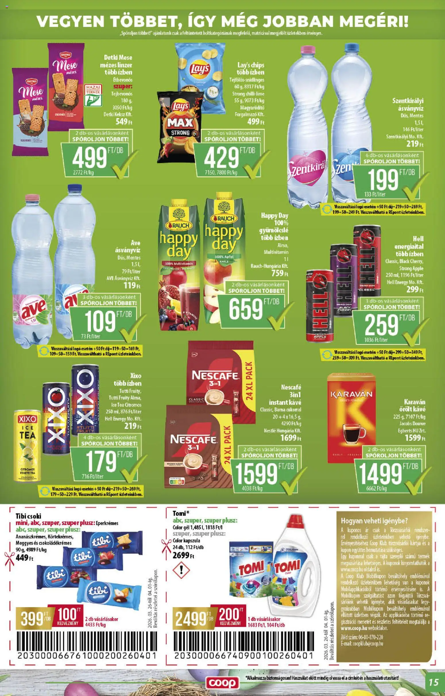 COOP akciós ujság - amely érvényes a következő dátumtól: 26.03.2026 | Oldal: 15 | Termékek: Ice tea, Kávé, Ásványvíz, Multivitamin