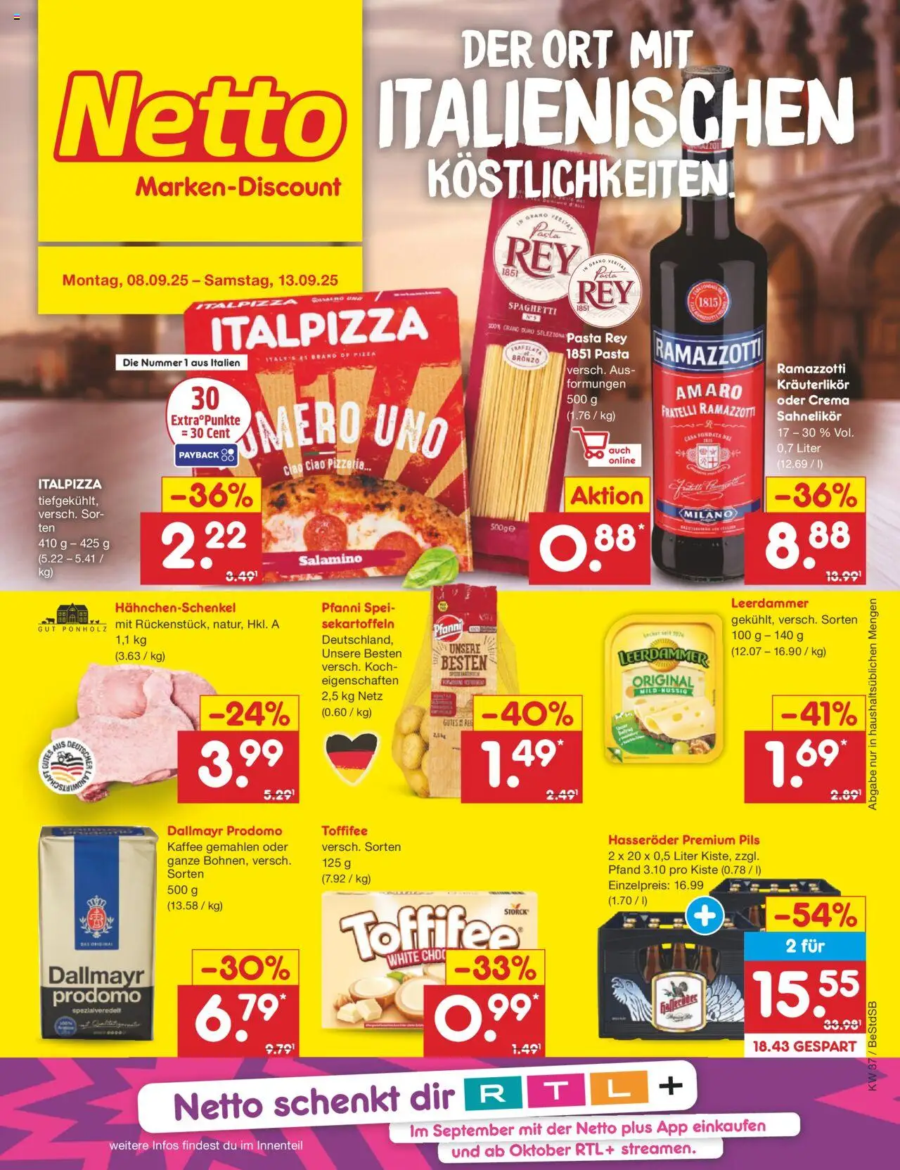 Netto Marken-Discount Prospekt 	 – gültig ab 08.09.2025 | Seite: 1 | Produkte: Hahnchenschenkel, Pizza, Dallmayr prodomo, Ramazzotti