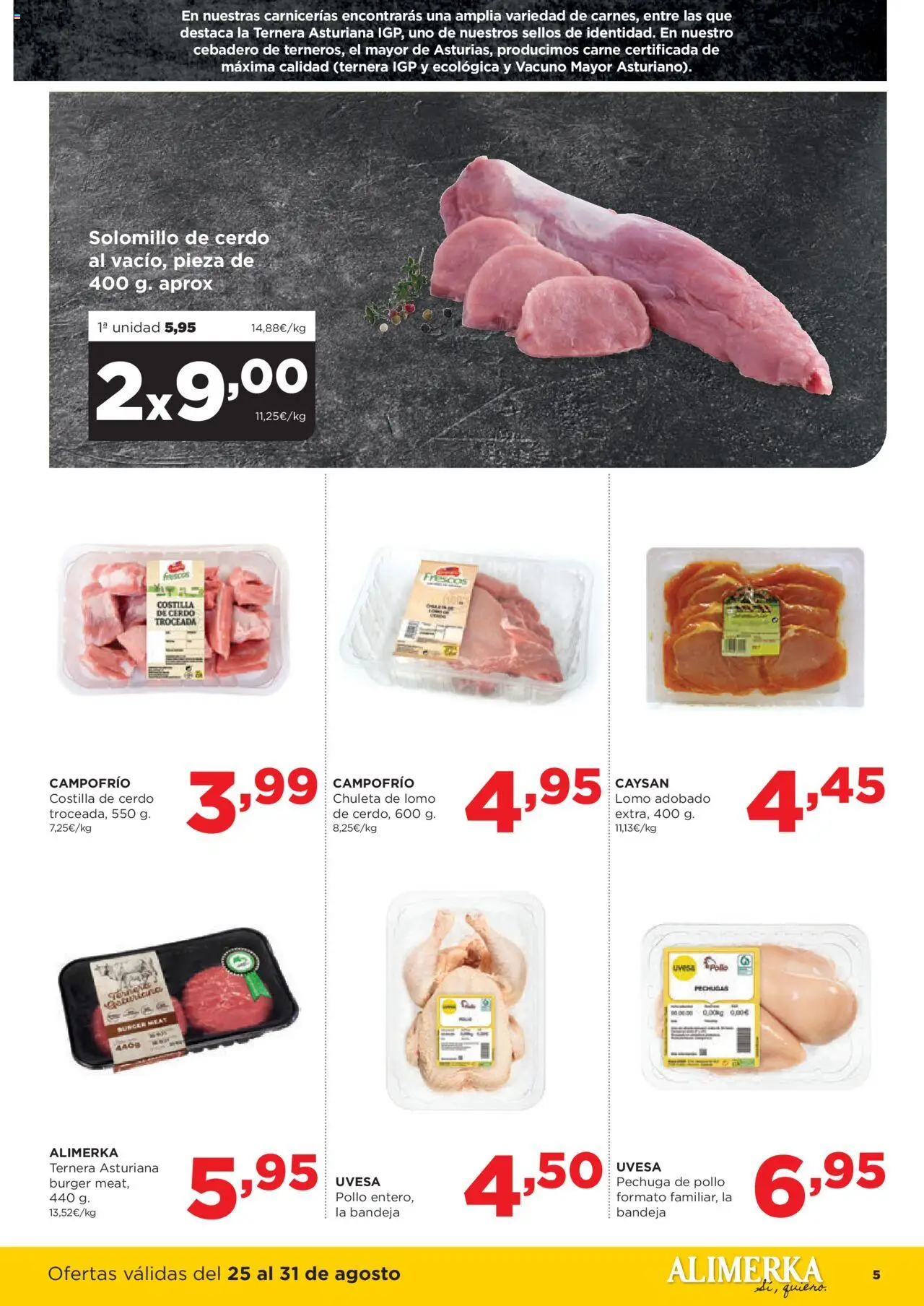 Alimerka folleto Asturias │ válido desde el 25.08.2025 | Página: 5 | Productos: Solomillo de cerdo, Cerdo, Costilla de cerdo, Bandeja