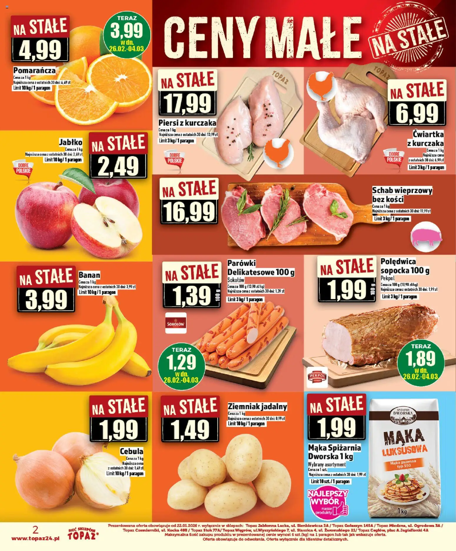 Topaz Gazetka - Ceny małe na stałe od 26.02.2026 | Strona: 2 | Produkty: Schab, Schab wieprzowy, Parówki, Banan