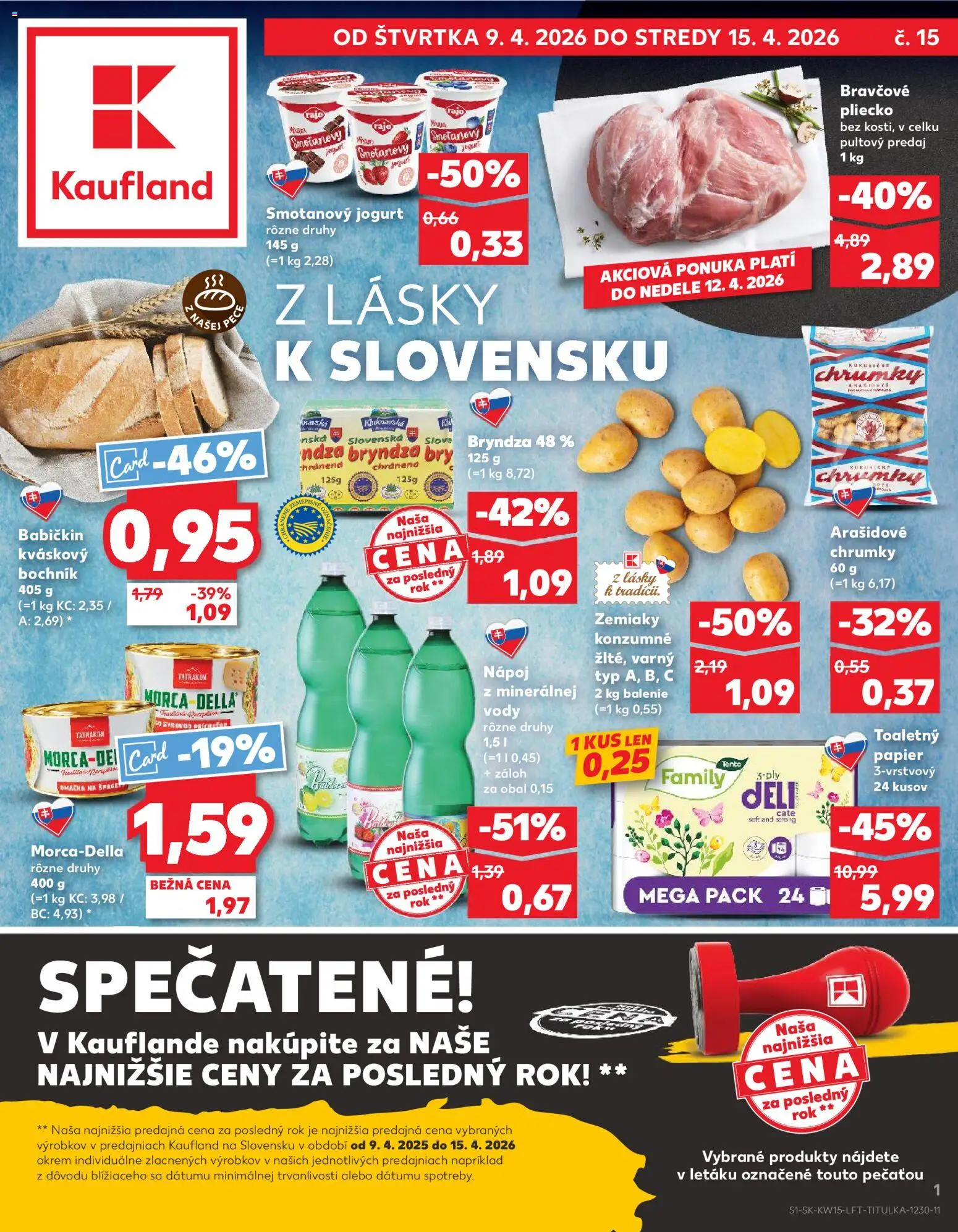 Nové Kaufland akcie – leták je platný od 09.04.2026 | Strana: 1 | Produkty: Jogurt, Bryndza, Zemiaky, Omáčka