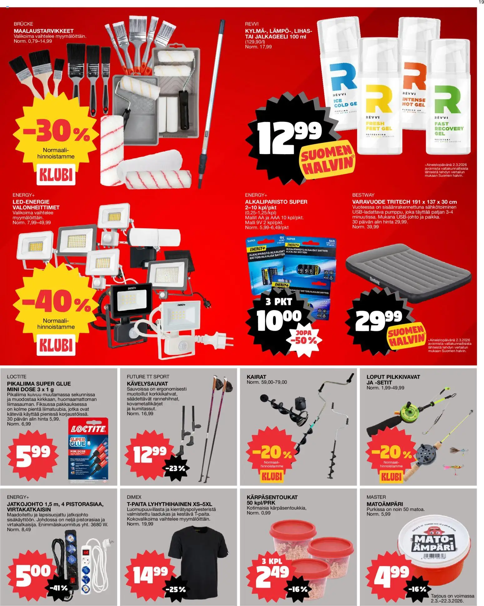 Tokmanni tarjoukset – voimassa 16.03.2026 alkaen | Sivu: 19 | Tuotteet: Jatkojohto, Ämpäri, T-paita, Pikaliima