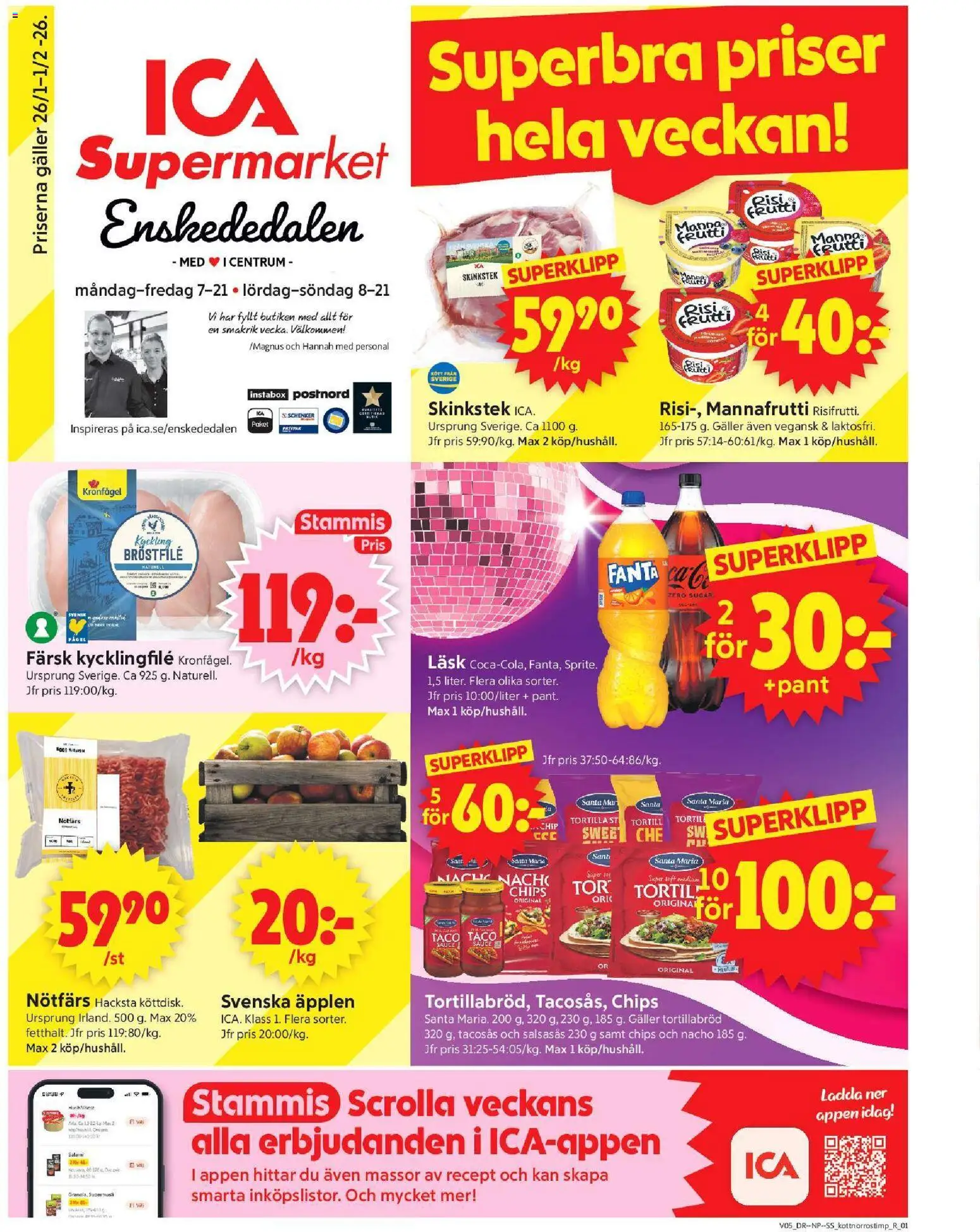 ICA Supermarket reklamblad aktuell från 26.01.2026 | Sida: 1 | Produkter: Tortilla, Tacosås, Fanta, Äpplen